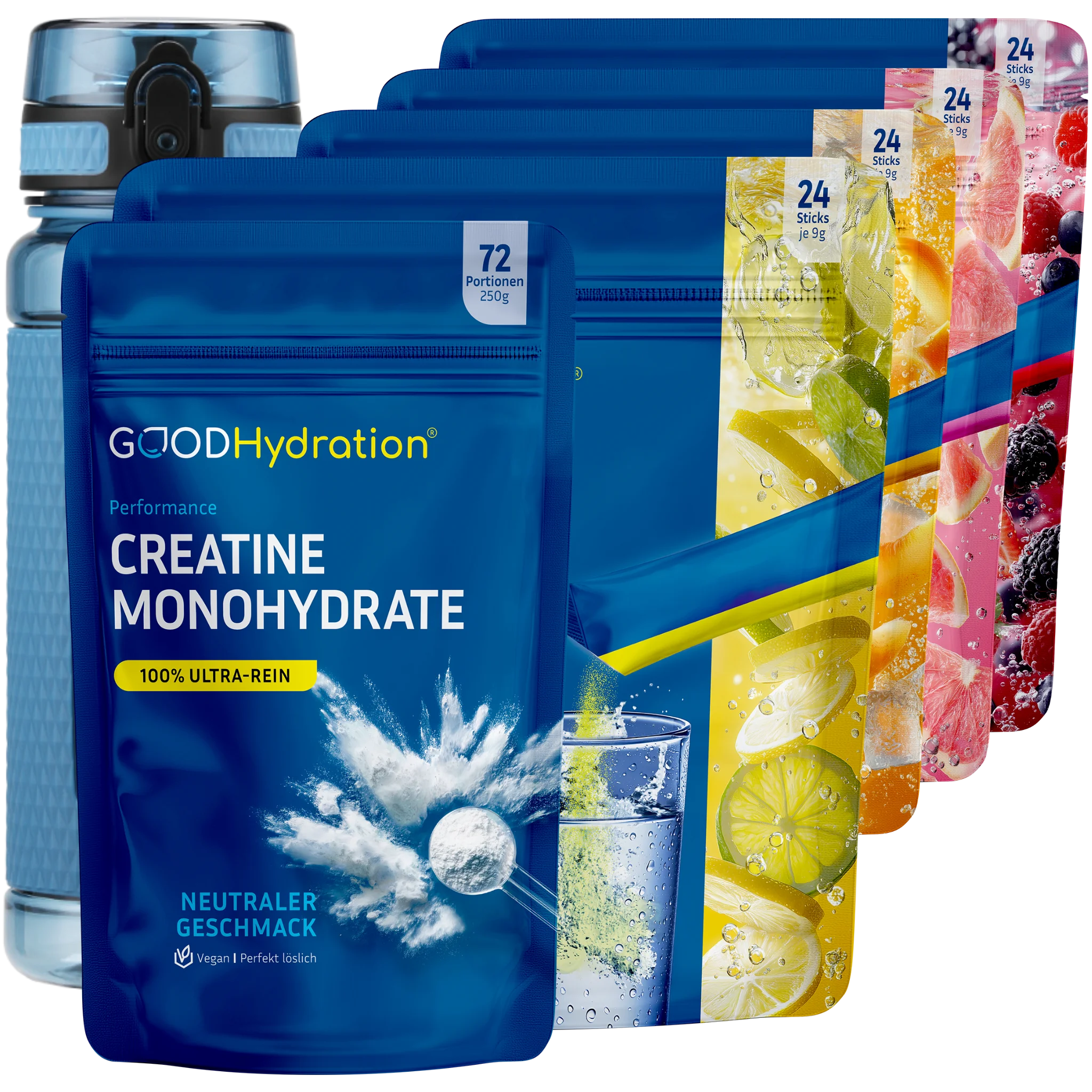 Hier klicken zur Auswahl Athlete Bundle mit 96 Hydration Sticks in vier Geschmacksvarianten plus Kreatin Monohydrate plud Trinkflasche in Wunschfarbe. Rehydrieren, Leistungssteigerung und Muskelaufbau wie Profi-Athleten. Für Crossfit und Hyrox.