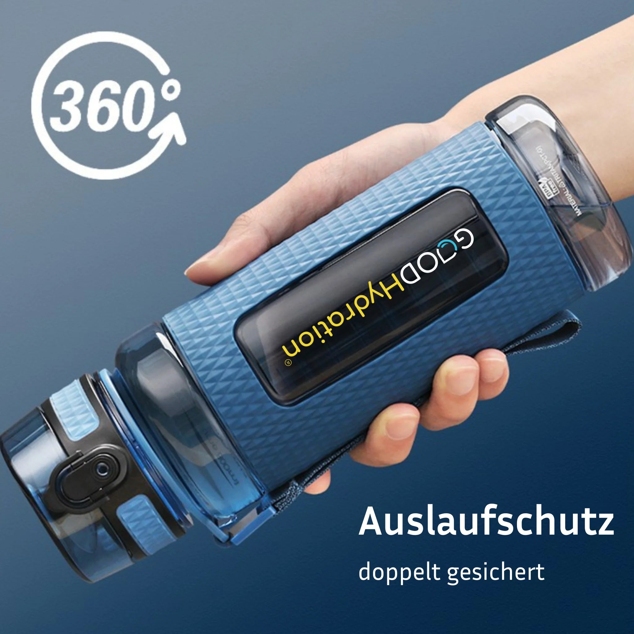 Diese blaue Trinkflasche hat einen 360° Auslaufschutz. Du kannst sie drehen und auf den Kopf stellen und sie hält dicht und läuft nicht aus. Mit sicherem Verschluss und zusätzlichem Sicherheitsbügel. Sicher transportieren in Tasche oder Rucksack.