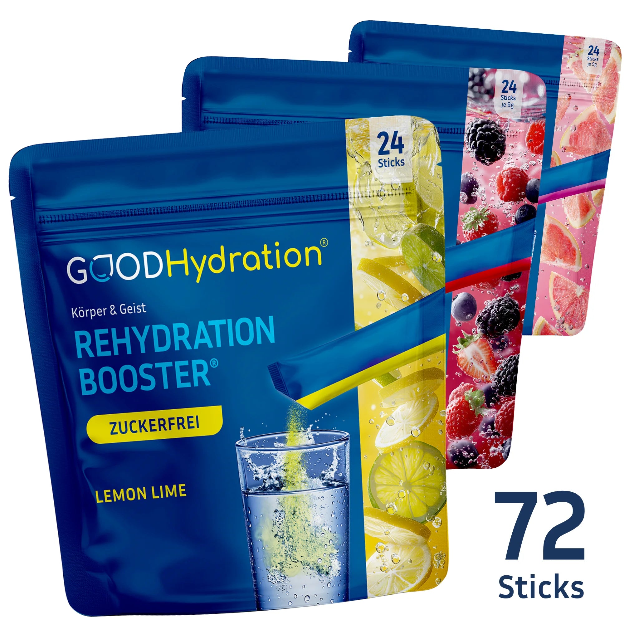 Im Bestseller Starter Set erhälst du 72 Hydration Sticks: 224x Lemon Lime, 24x Waldbeere und 24x Pink Grapefruit. Ein Bundle zum Vorteilspreis mit Hydration für 2,5 Monate.