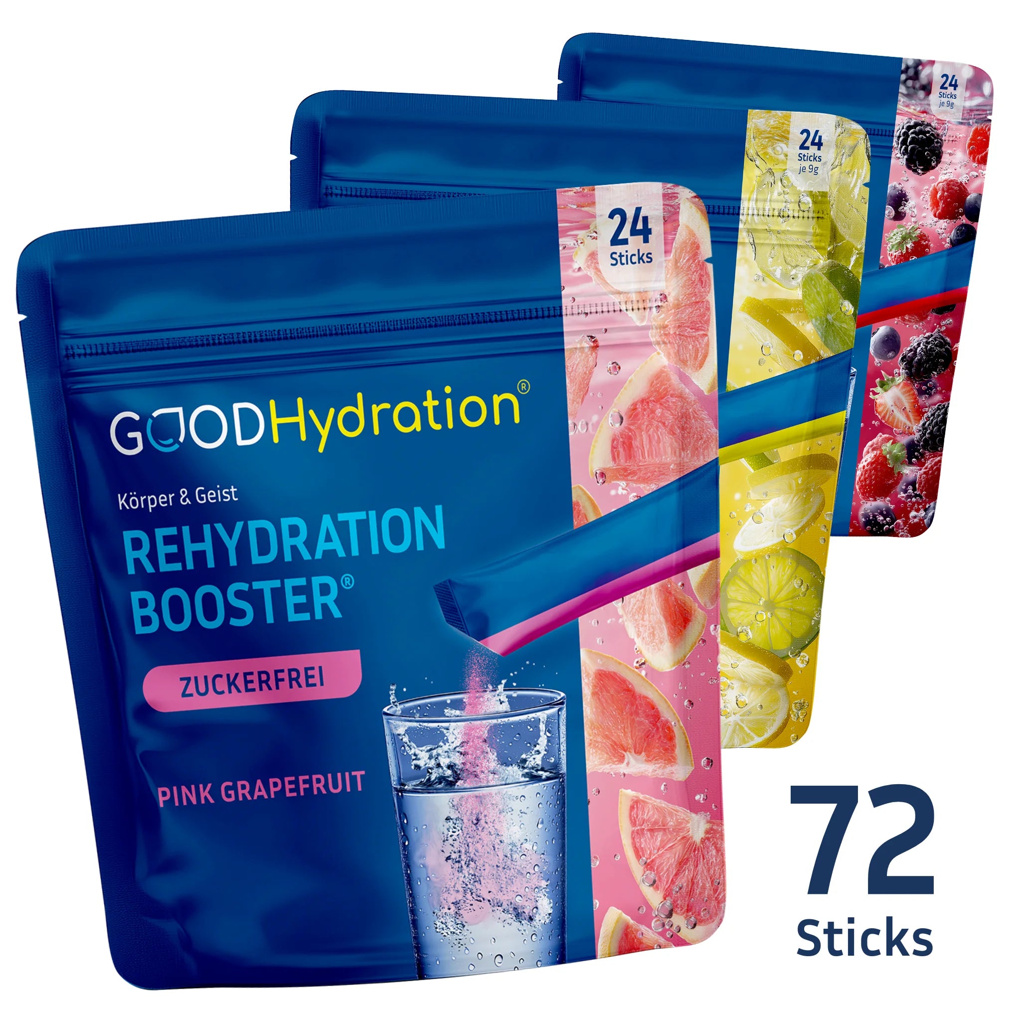 Im Starter Set Grapefruit erhälst du 72 Hydration Sticks: 24x Pink Grapefruit, 24x Lemon Lime, 24x Waldbeere. Ein Bundle zum Vorteilspreis mit Hydration für 2,5 Monate.