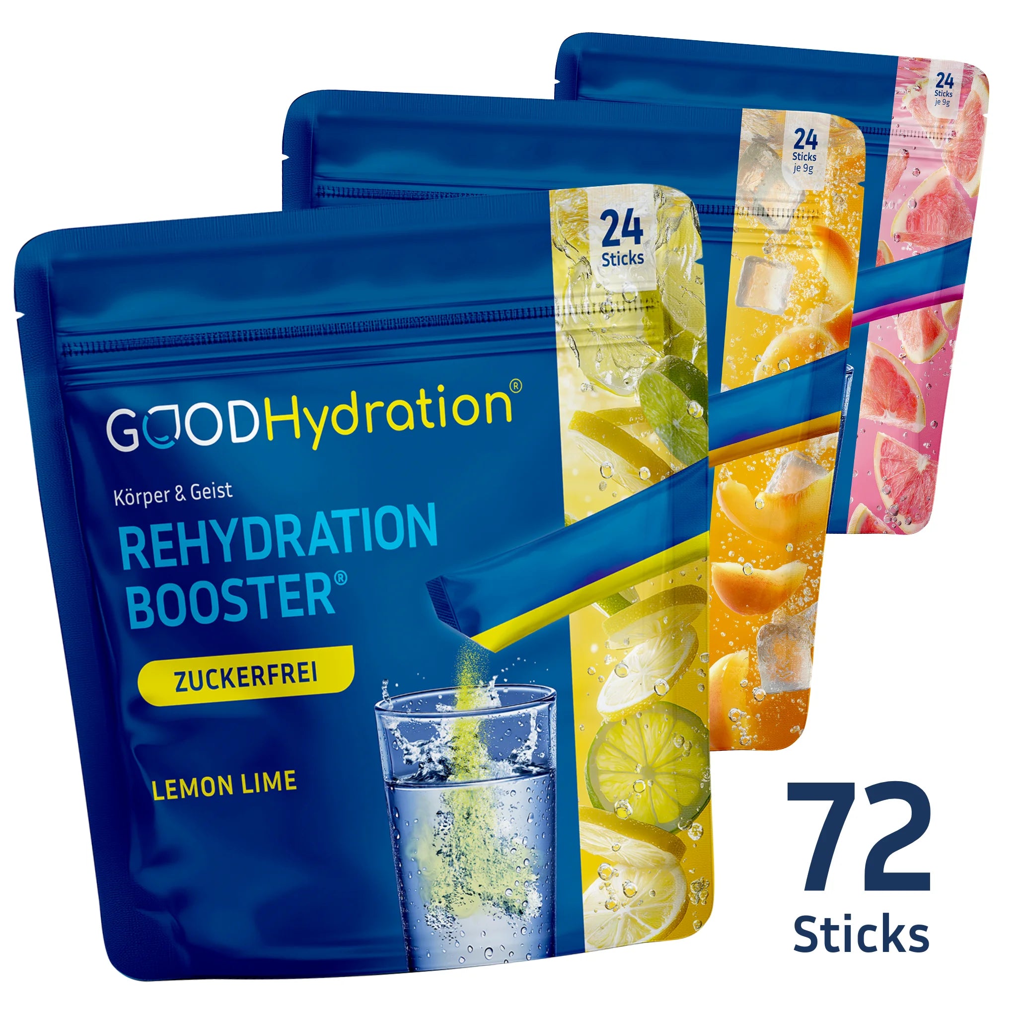 Im Starter Set Variety erhälst du 72 Hydration Sticks: 24x Lemon Lime, 24x Peach Ice Tea. und 24x Pink Grapefruit. Ein Bundle zum Vorteilspreis mit Hydration für 2,5 Monate.