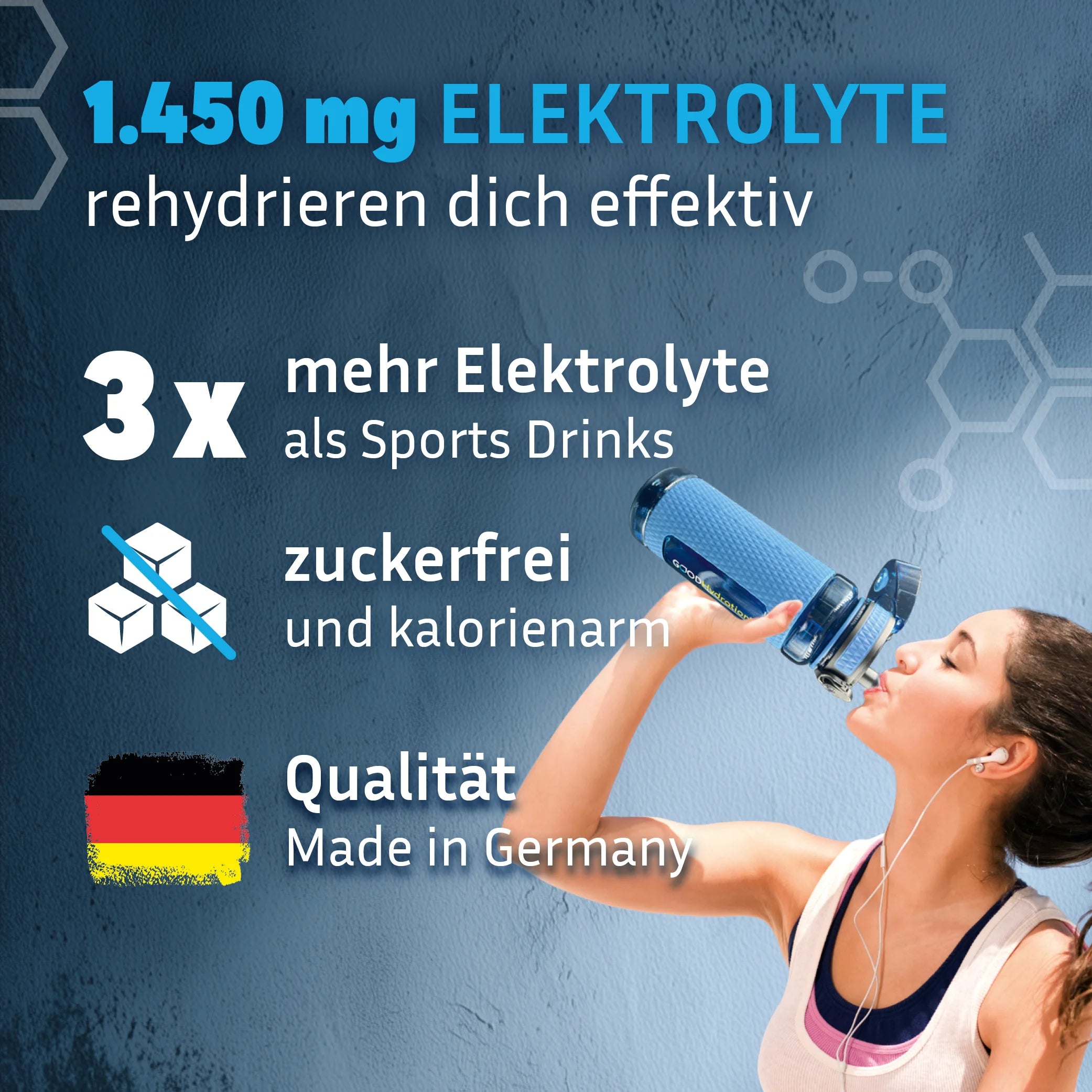 Jeder Stick GOOD Hydration enthält 3x mehr Elektrolyte als ein Sports Drink, ist zuckerfrei und Made in Germany.