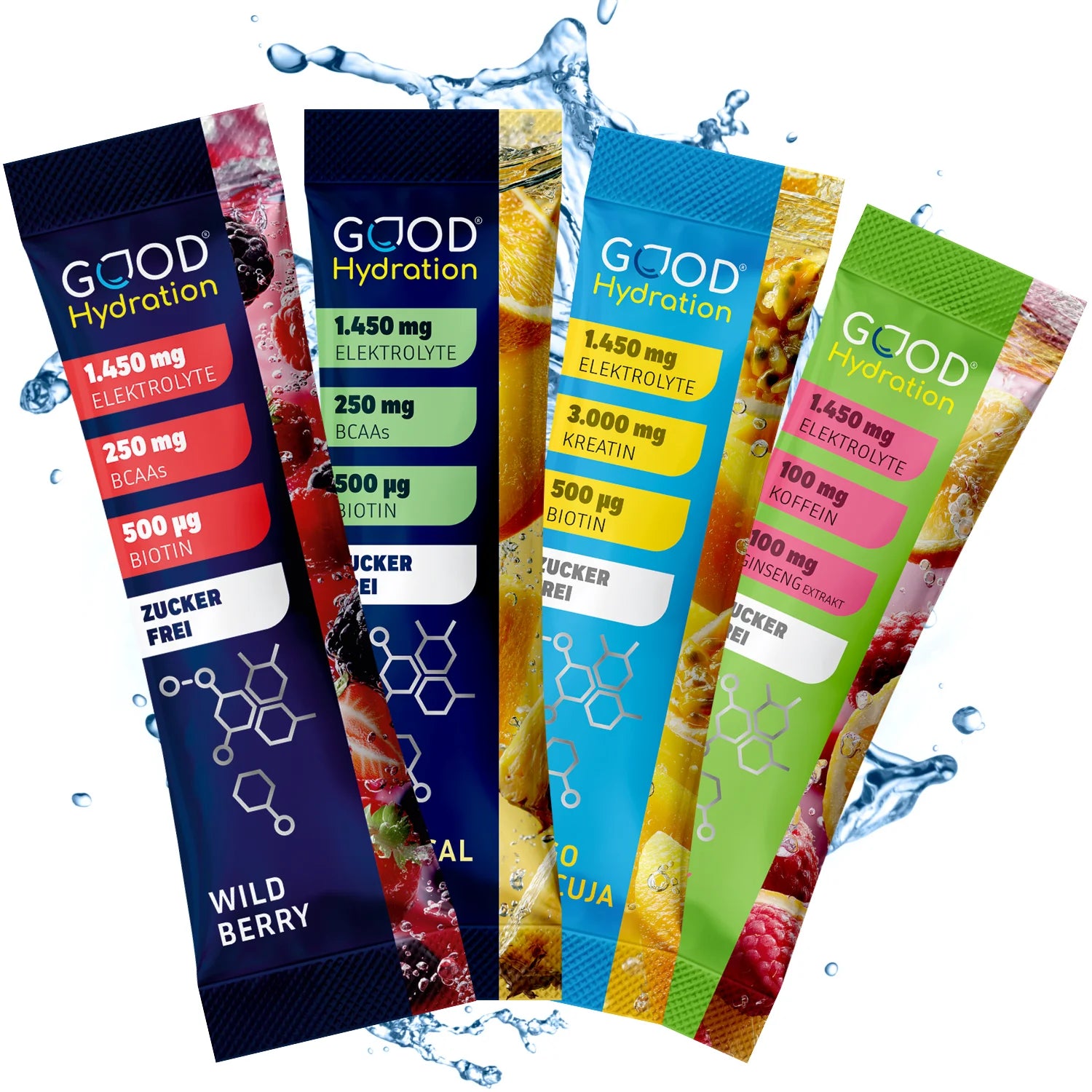 Die neuesten Innovationen von GOOD Hydration: Rehydration ZERO. Hochdosierte Elektrolyte ohne Zucker. Mit BCAA, Biotin und 6 Vitaminen.