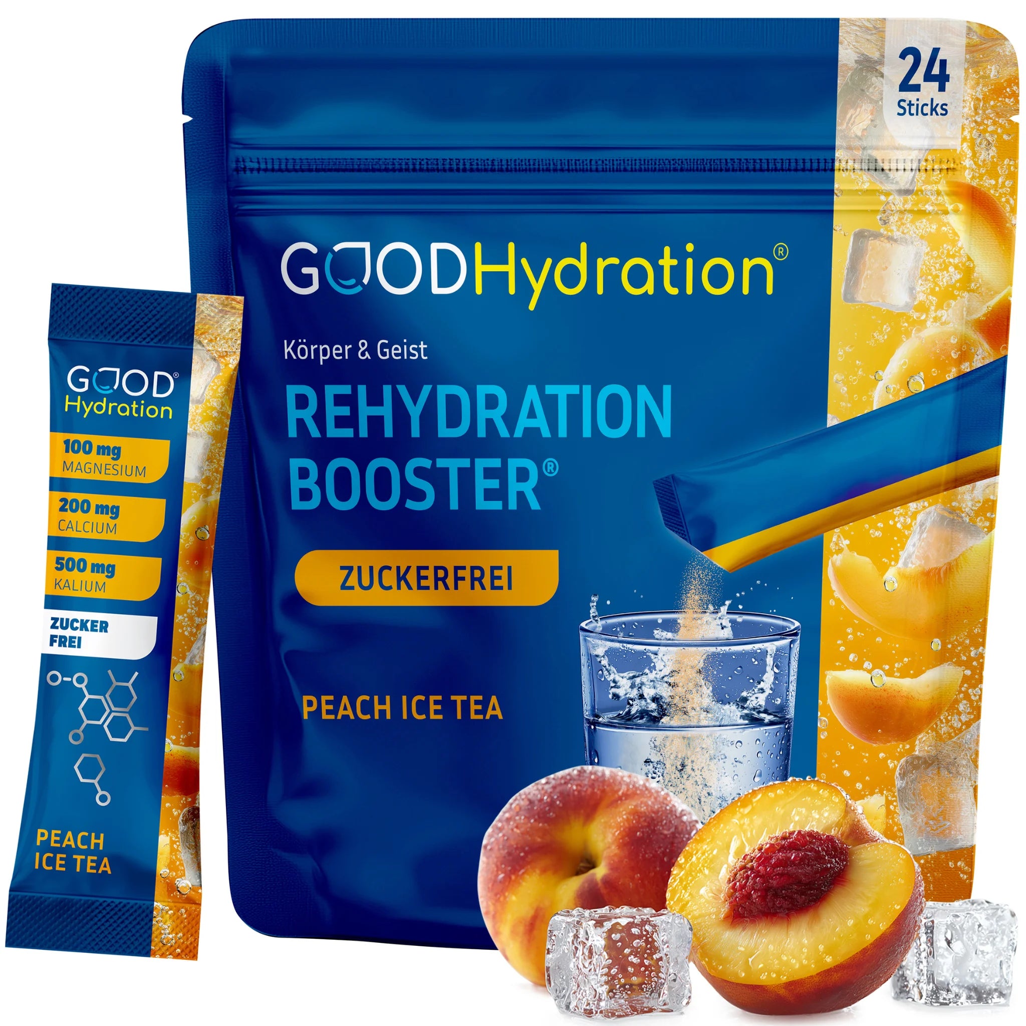 GOOD Hydration Rehydration Booster in der Variante Peach Ice Tea. Elektrolytgetränk für Sport, Arbeit, Hitze und Party.