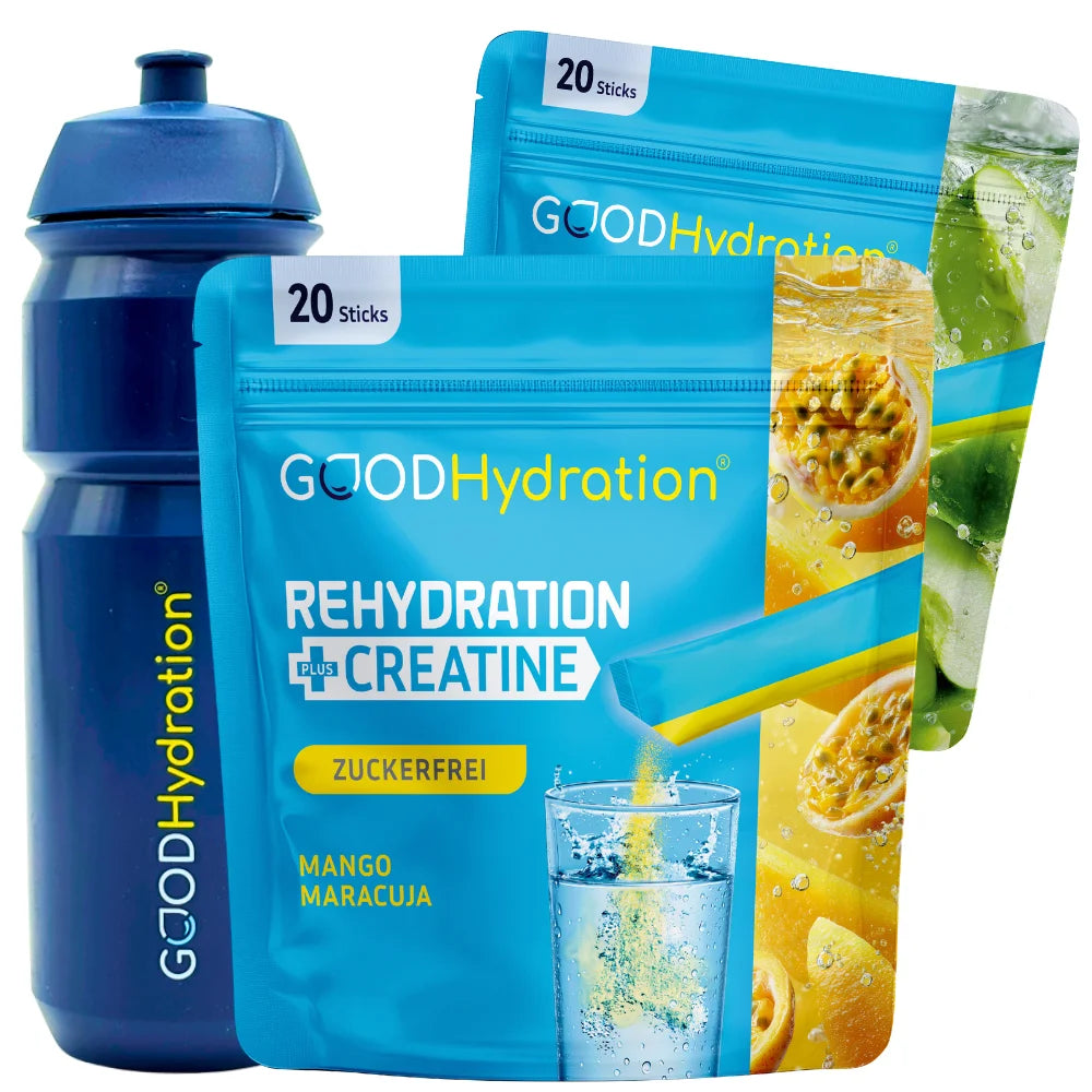 Hier klicken um zum Starter Set Rehydration plus Kreatin von GOOD Hydration zu gelangen. 40 zuckerfreie Hydration Sticks hochdosiert mit Elektrolyten plus Kreatin. Deal mit gratis Sportflasche.