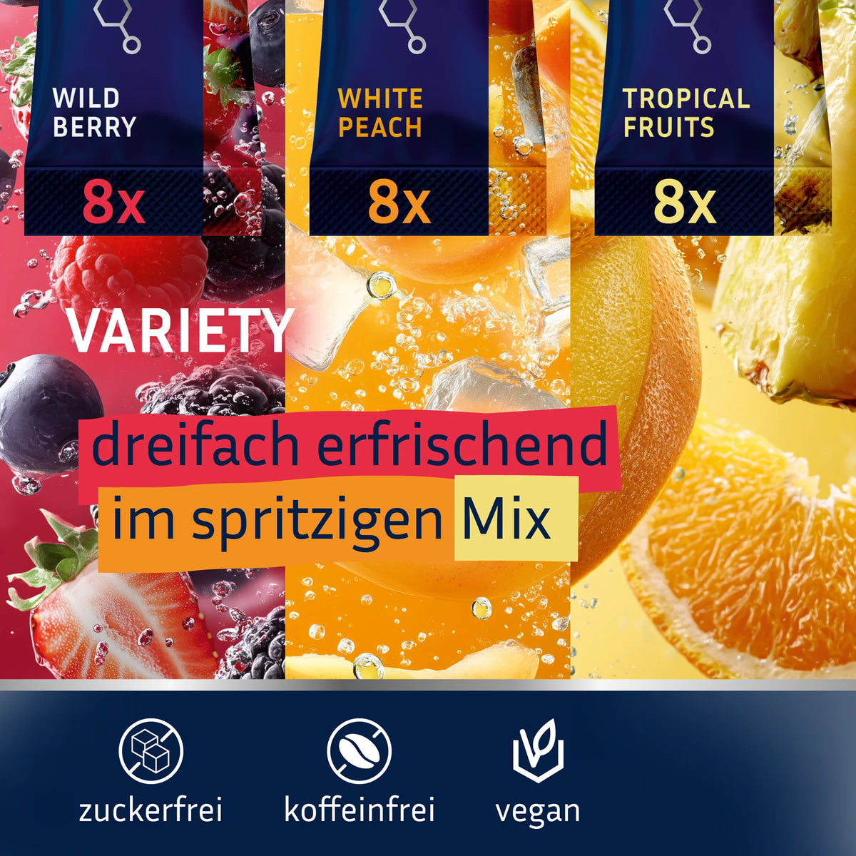 Variety Pack mit je 8 Hydration Sticks der Geschmacksvarianten Wildberry, White Peach und Tropical Fruits. Zuckerfrei und ohne künstliche Süßstoffe und Aromen.