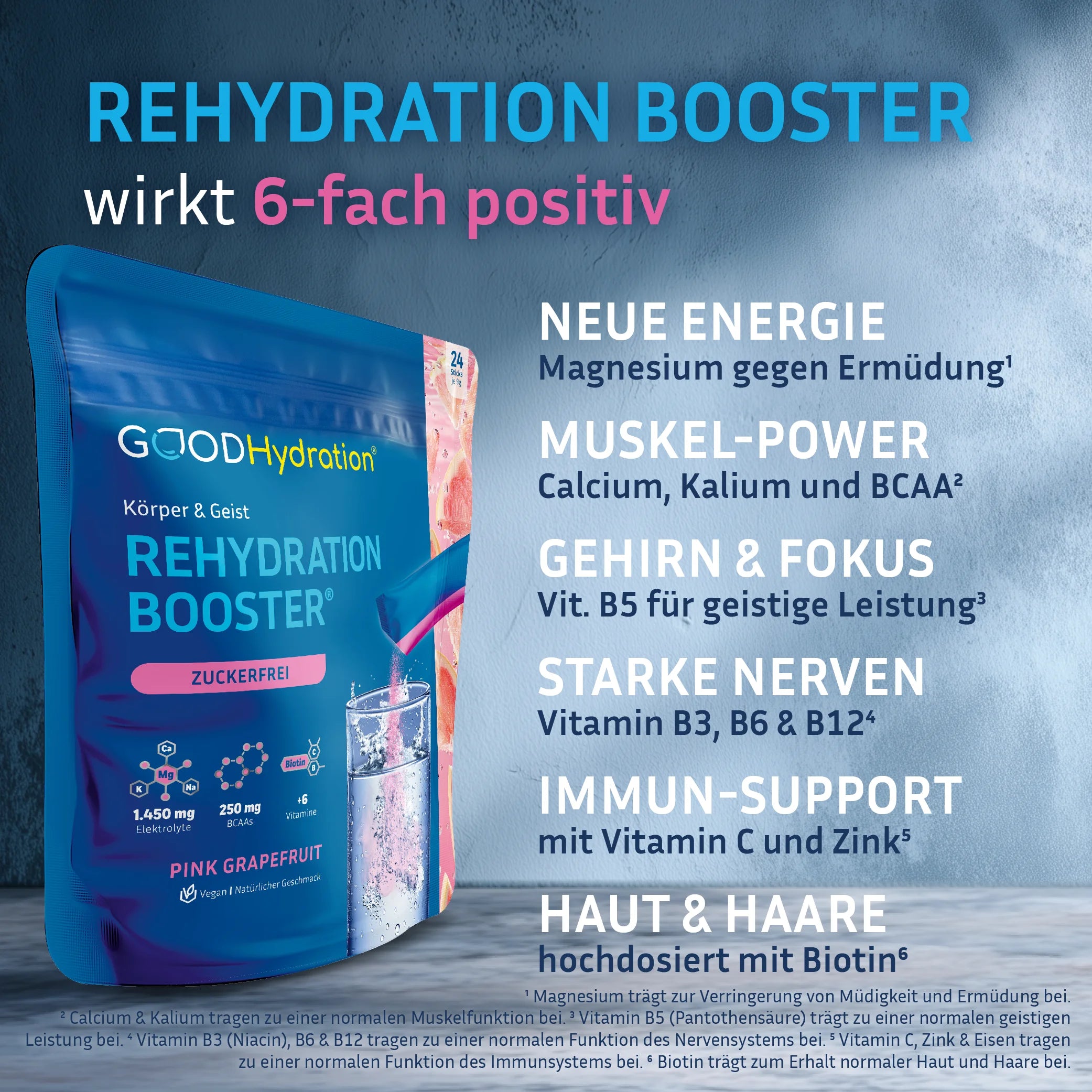 Der Rehydration Booster enthält Magnesium gegen Ermüdung. Calcium, Kalium und BCAA für Muskeln. Vitamin B5 für die geistige Leistung. Vitamin B3, B6 und B12 für das Nervensystem. Vitamin C und Zink für das Immunsystem. Und Biotin für Haut, Haare und Nägel.
