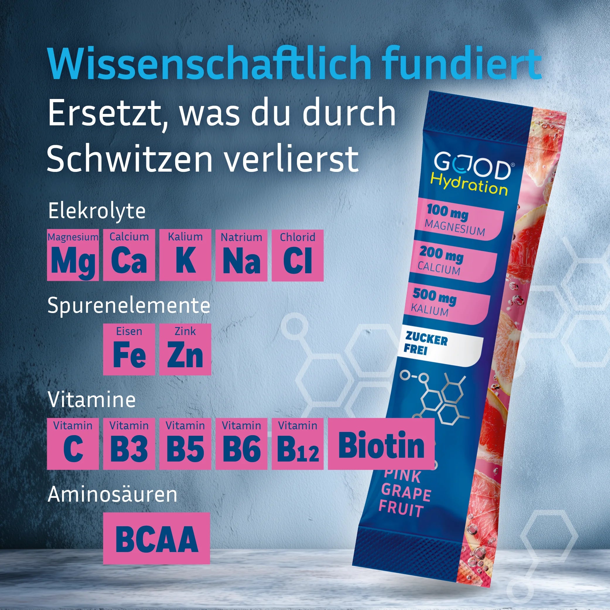 100% wissenschaftliche Formel mit den besten Elektrolyten, Spurenelementen, Vitaminen und Aminosäuren. Zuckerfrei und nur 4 kcal Kalorien. Enthält Magnesium, Calcium, Kalium, Natrium, Chlorid, Eisen, Zink, Vitamin C und Vitamin B-Komplex.