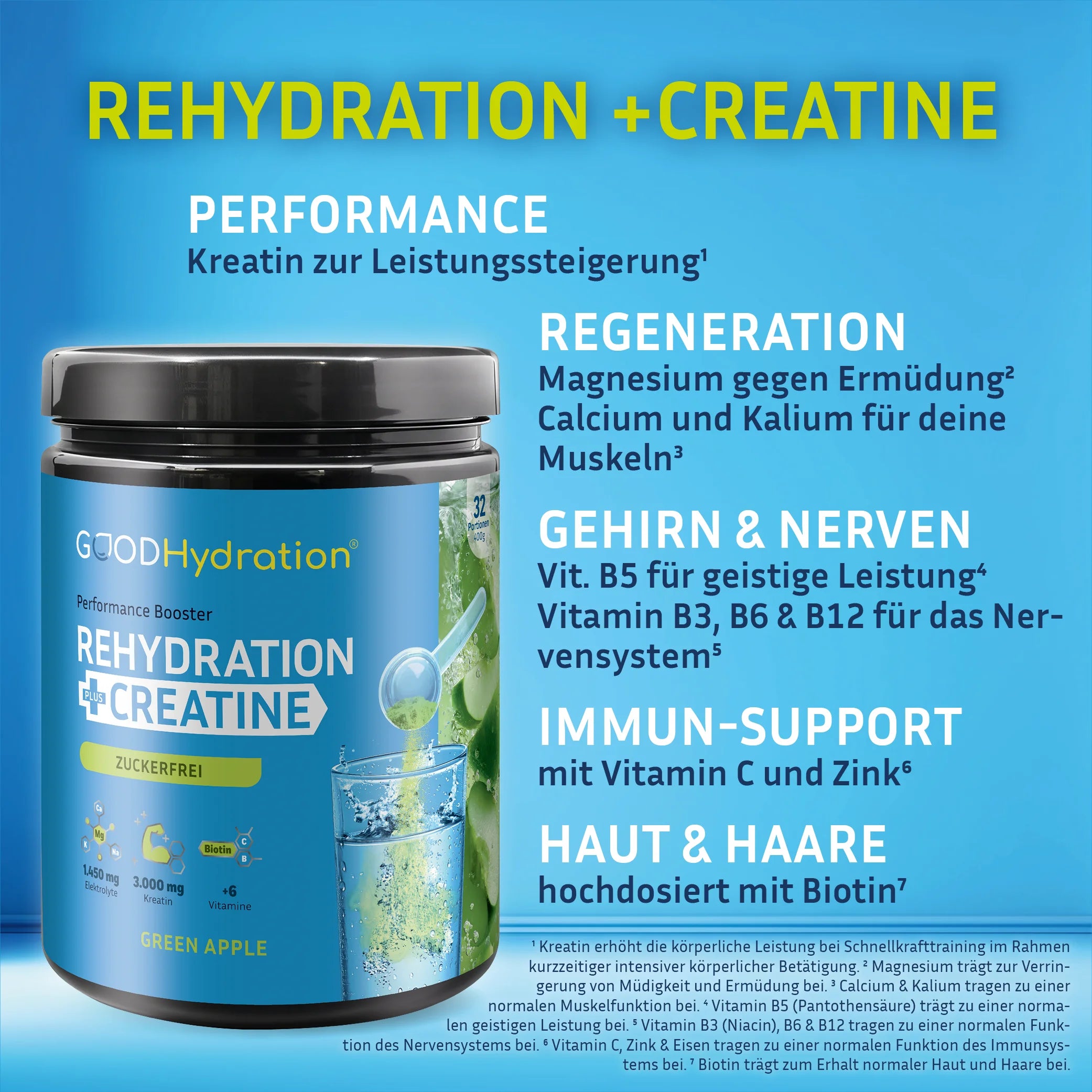 Der Performance Booster enthält Kreatin zur Leistungssteigerung. Magnesium gegen Ermüdung. Calcium und Kalium für Muskeln. Vitamin B5 für die geistige Leistung. Vitamin B3, B6 und B12 für das Nervensystem. Vitamin C und Zink für das Immunsystem. Und Biotin für Haut, Haare und Nägel.