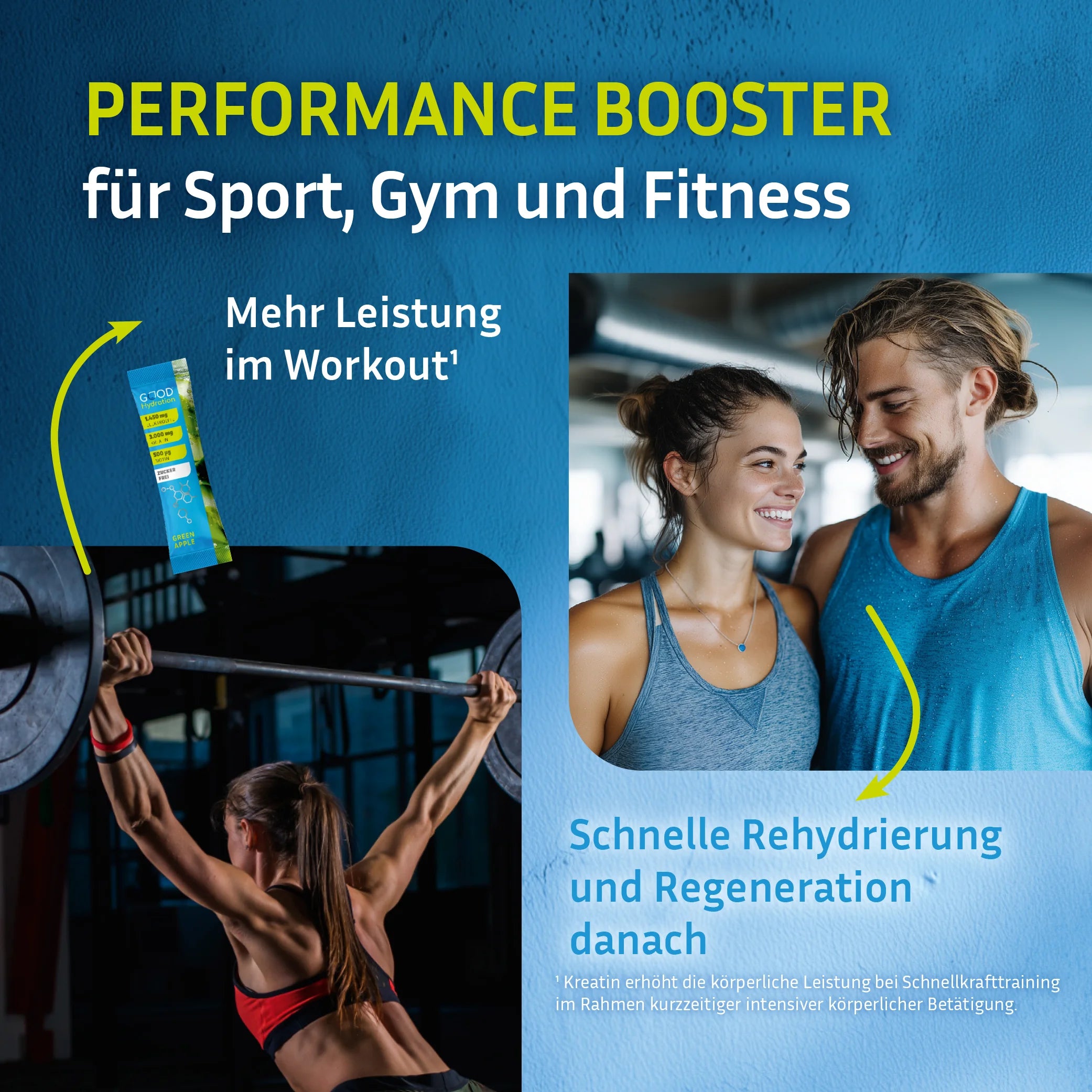 Täglich eine Portion Performance Booster beim oder nach dem Sport trinken. Zur Leistungssteigerung im Workout und schnellen Rehydrierung danach.