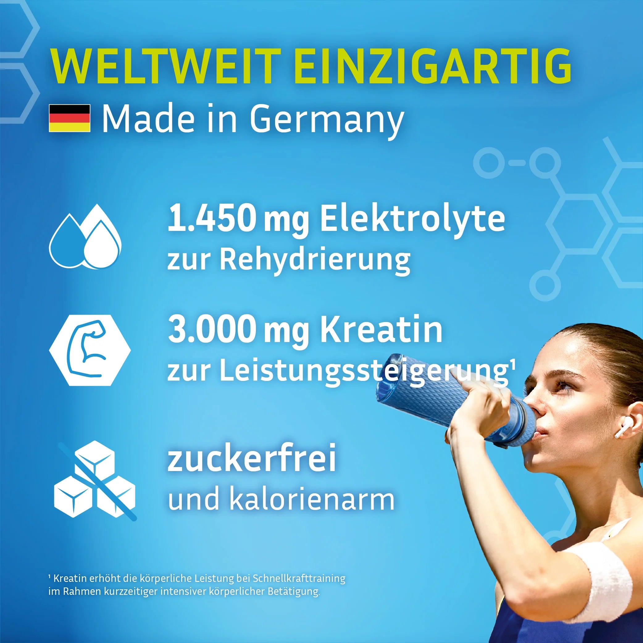Der Performance Booster von GOOD Hydration ist das weltweit einzige Elektrolytpulver mit Kreatin. Jede Portion enthält 3x mehr Elektrolyte als ein Sports Drink und rehydriert schneller als nur Wasser. Kreatin steigert die Leistung und fördert den Muskelaufbau. Zuckerfrei und Kalorienarm.