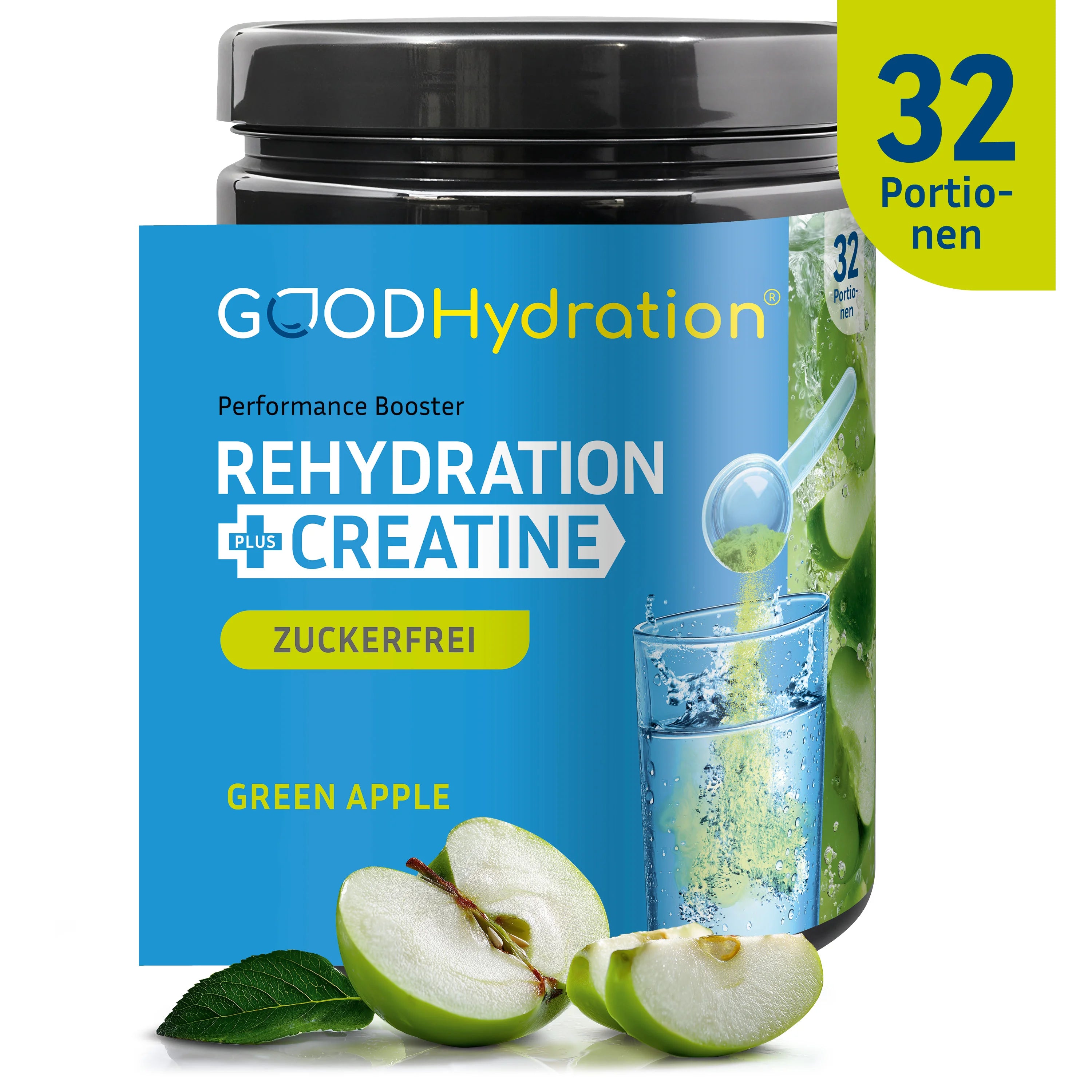 Rehydration plus Kreatin im Big Pack mit 32 Portionen zum Vorteilspreis. Geschmack Grüner Apfel.