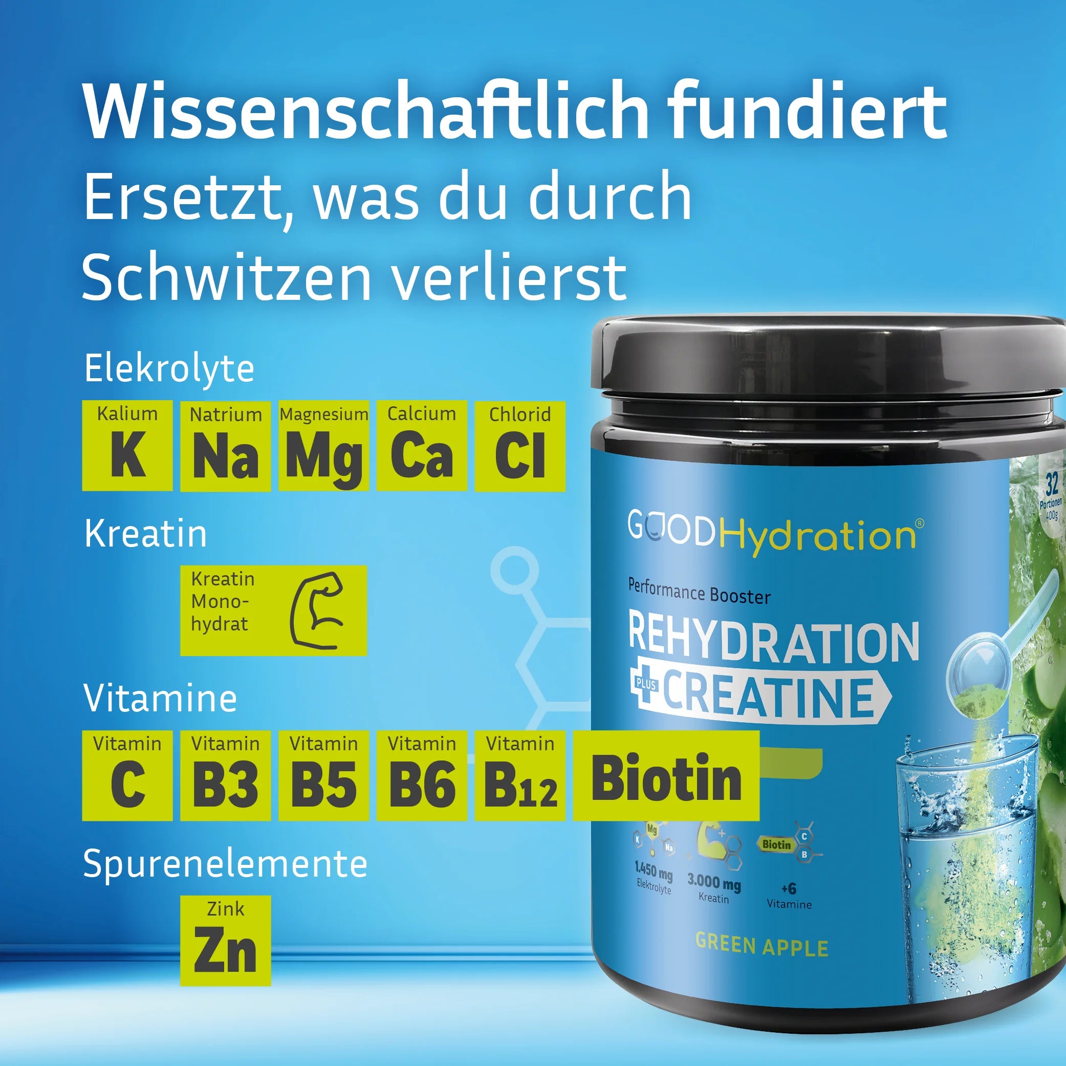 Einzigartige wissenschaftliche Formel mit den besten Elektrolyten, Kreatin Monohydrat, Spurenelementen und Vitaminen. Zuckerfrei und nur 4 kcal Kalorien. Enthält Magnesium, Calcium, Kalium, Natrium, Chlorid, Zink, Vitamin C und Vitamin B-Komplex.