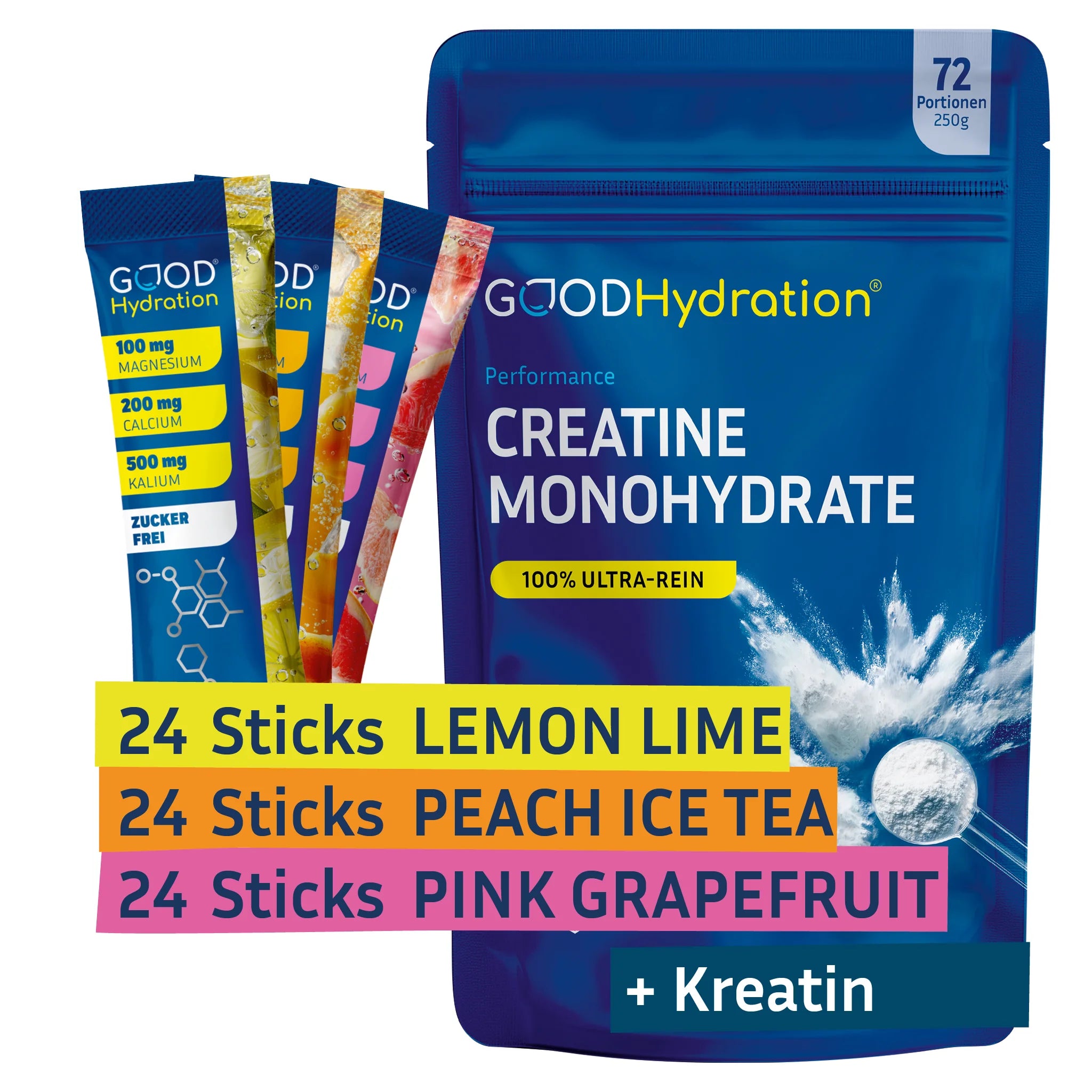 Im Kreatin Bundle erhälst du 72 Bestseller Hydration Sticks: 24x Lemon Lime, 24x Peach Ice Tea, 24x Pink Grapefruit. Dazu 250mg Creatine Monohydrate. Unschlagbar günstig.