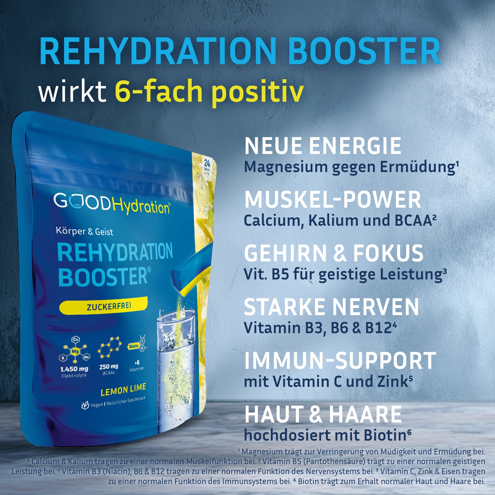 Der Rehydration Booster enthält Magnesium gegen Ermüdung. Calcium, Kalium und BCAA für Muskeln. Vitamin B5 für die geistige Leistung. Vitamin B3, B6 und B12 für das Nervensystem. Vitamin C und Zink für das Immunsystem. Und Biotin für Haut, Haare und Nägel.