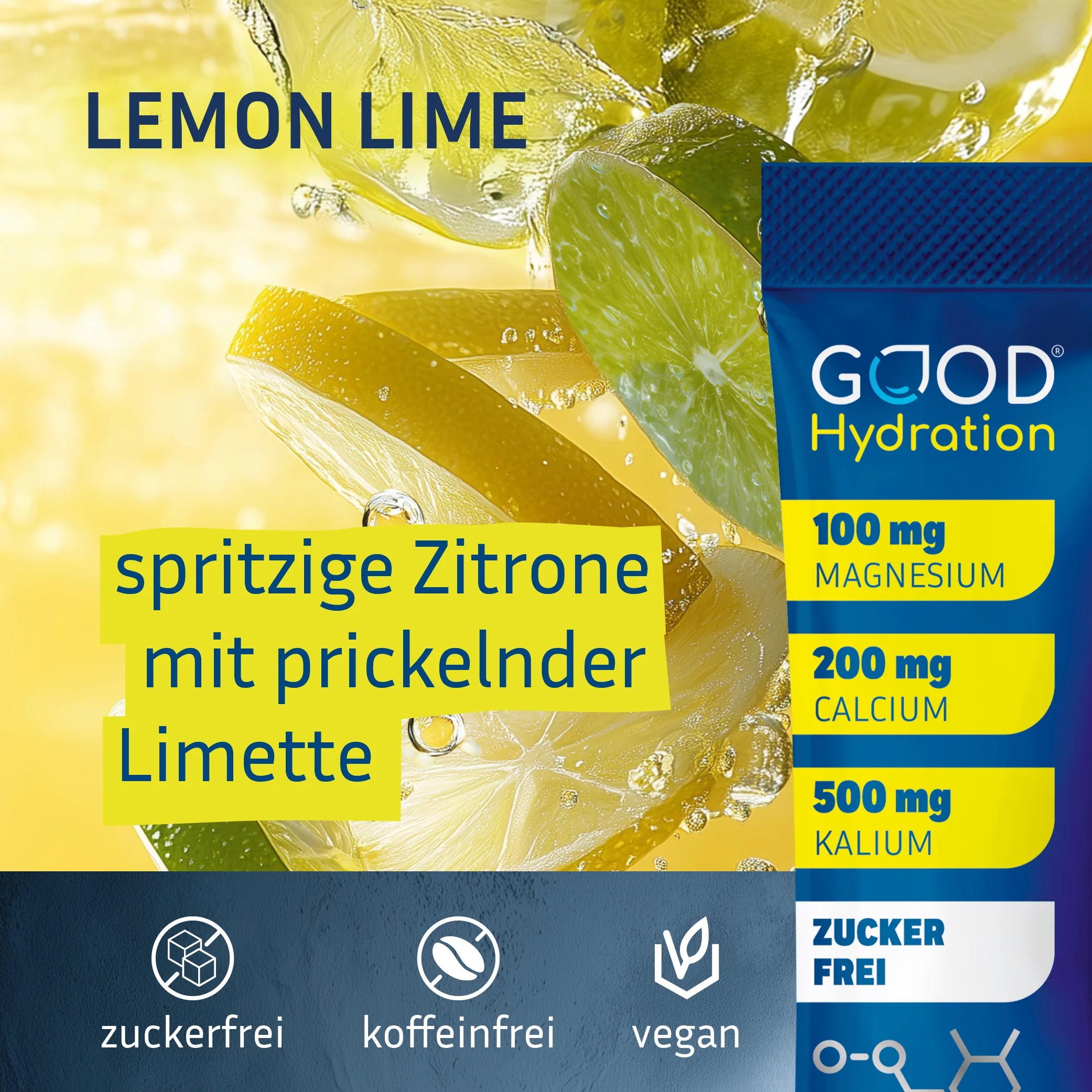 GOOD Hydration ist der Geschmackssieger unter den Hydration Sticks. Natürlicher Geschmack ohne künstliche Aromen. Lemon Lime schmeckt nach spritziger Zitrone mit prickelnder Limette.