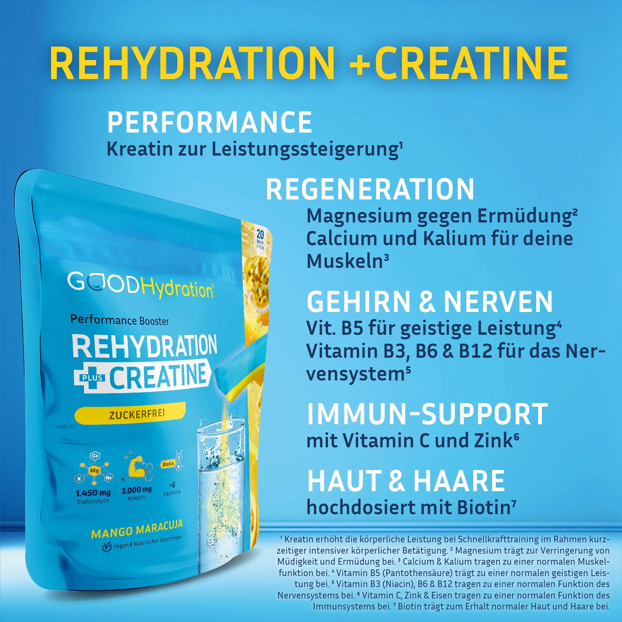 Der Performance Booster enthält Kreatin zur Leistungssteigerung. Magnesium gegen Ermüdung. Calcium und Kalium für Muskeln. Vitamin B5 für die geistige Leistung. Vitamin B3, B6 und B12 für das Nervensystem. Vitamin C und Zink für das Immunsystem. Und Biotin für Haut, Haare und Nägel.