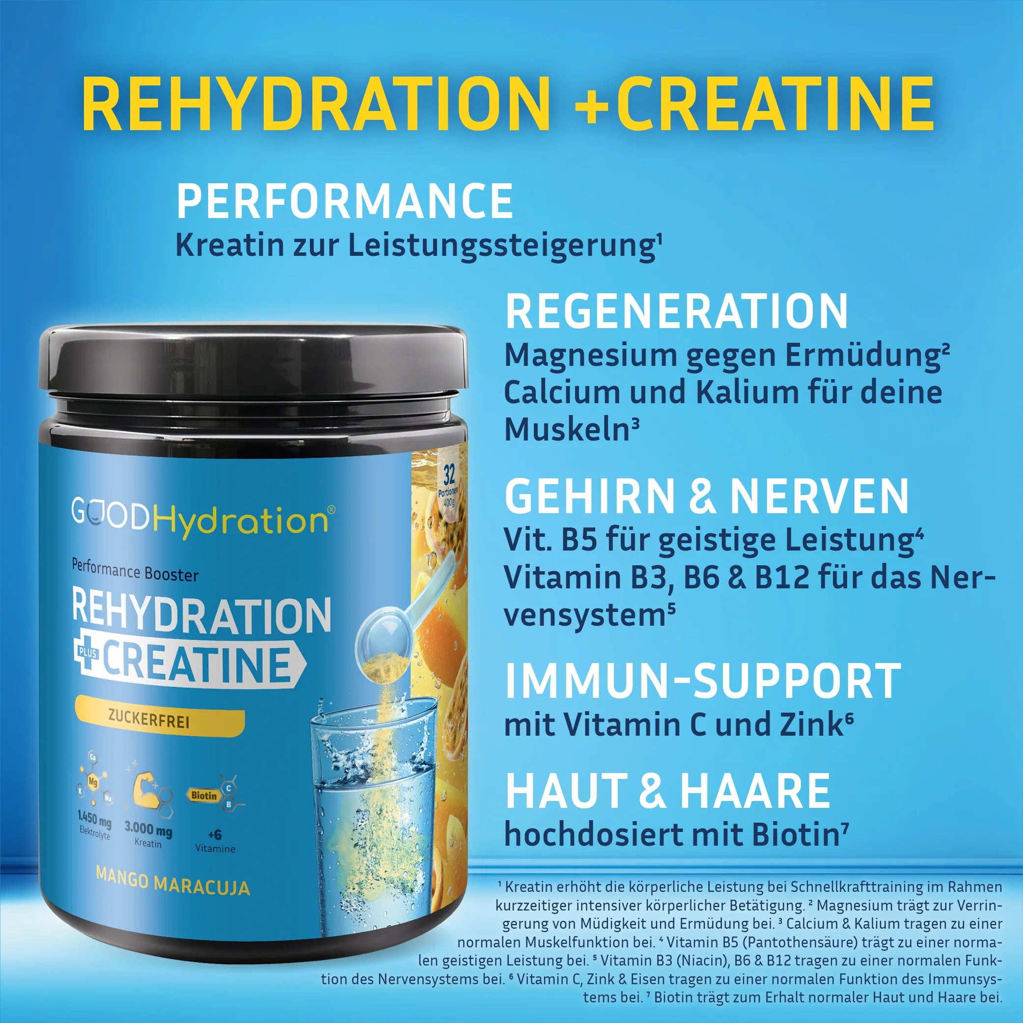 Der Performance Booster enthält Kratin zur Leistungssteigerung. Magnesium gegen Ermüdung. Calcium und Kalium für Muskeln. Vitamin B5 für die geistige Leistung. Vitamin B3, B6 und B12 für das Nervensystem. Vitamin C und Zink für das Immunsystem. Und Biotin für Haut, Haare und Nägel.