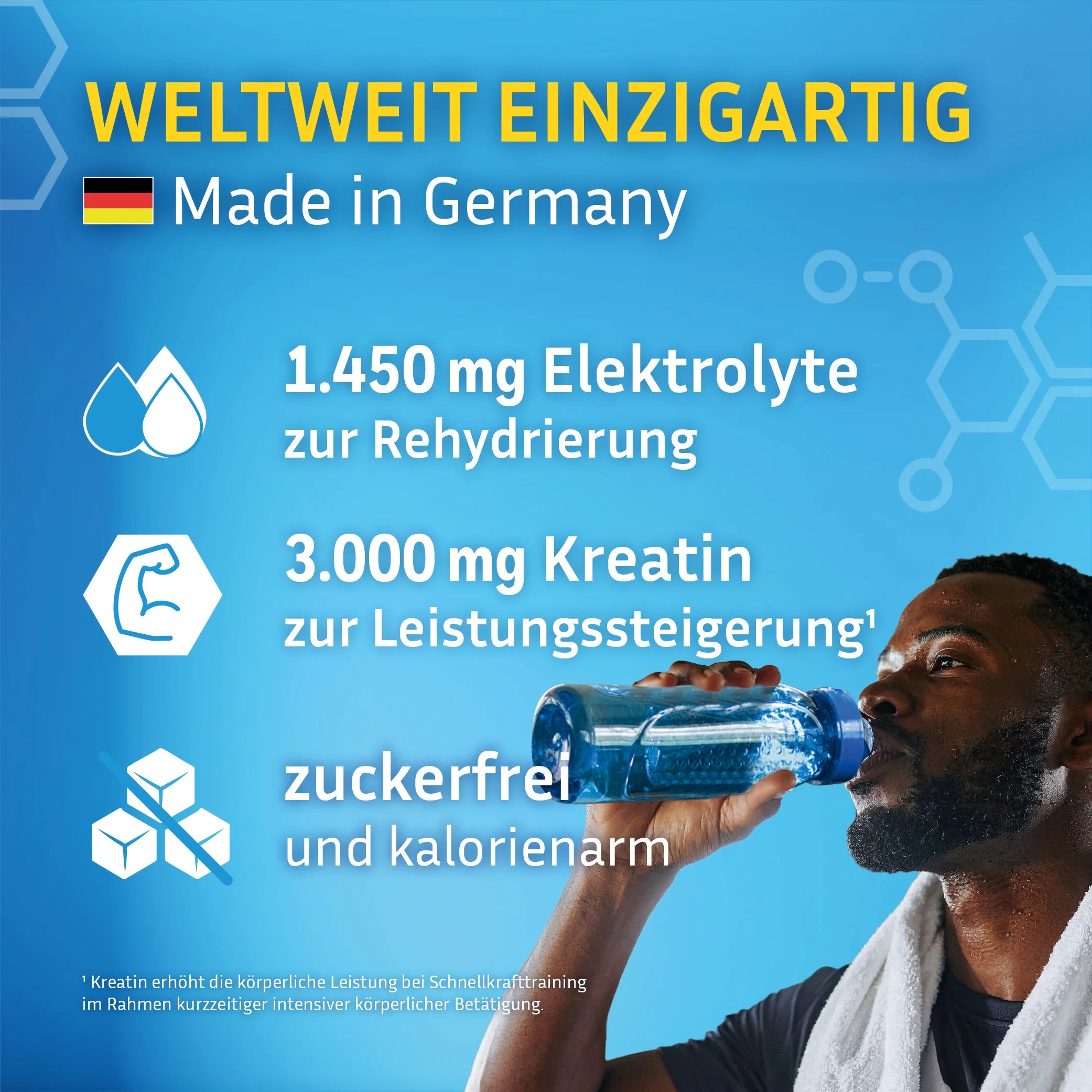 Der Performance Booster von GOOD Hydration ist das weltweit einzige Elektrolytpulver mit Kreatin. Jede Portion enthält 3x mehr Elektrolyte als ein Sports Drink und rehydriert schneller als nur Wasser. Kreatin steigert die Leistung und fördert den Muskelaufbau. Zuckerfrei und Kalorienarm.