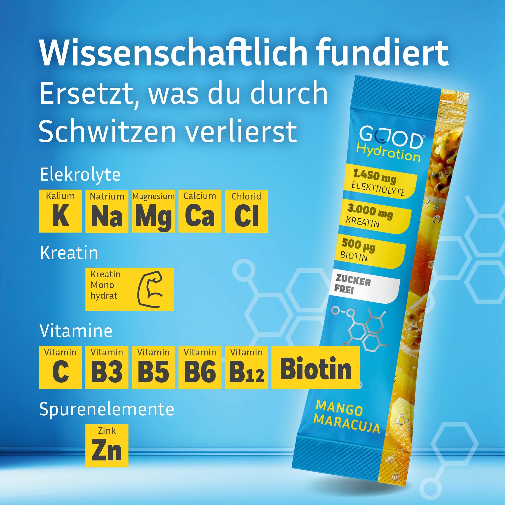 Einzigartige wissenschaftliche Formel mit den besten Elektrolyten, Kreatin Monohydrat, Spurenelementen und Vitaminen. Zuckerfrei und nur 4 kcal Kalorien. Enthält Magnesium, Calcium, Kalium, Natrium, Chlorid, Zink, Vitamin C und Vitamin B-Komplex.