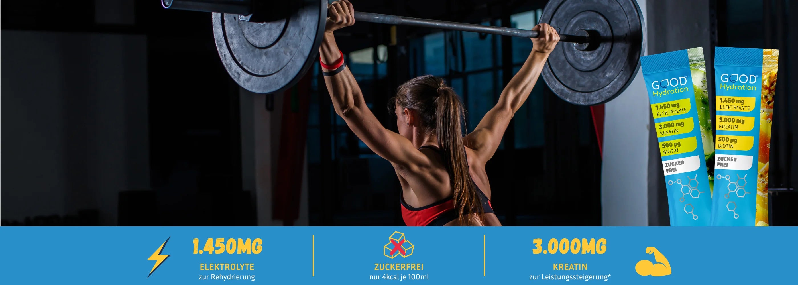 Hier werden die Neuheiten von GOOD Hydration vorgestellt. Der Performance Booster ist ein neuartiger Hydration Stick, der 1450mg Elektrolyte und 3000mg Kreatin kombiniert. Zur Leistungssteigerung im Training und schnellen Regeneration danach. Eine Innovation Made in Germany.