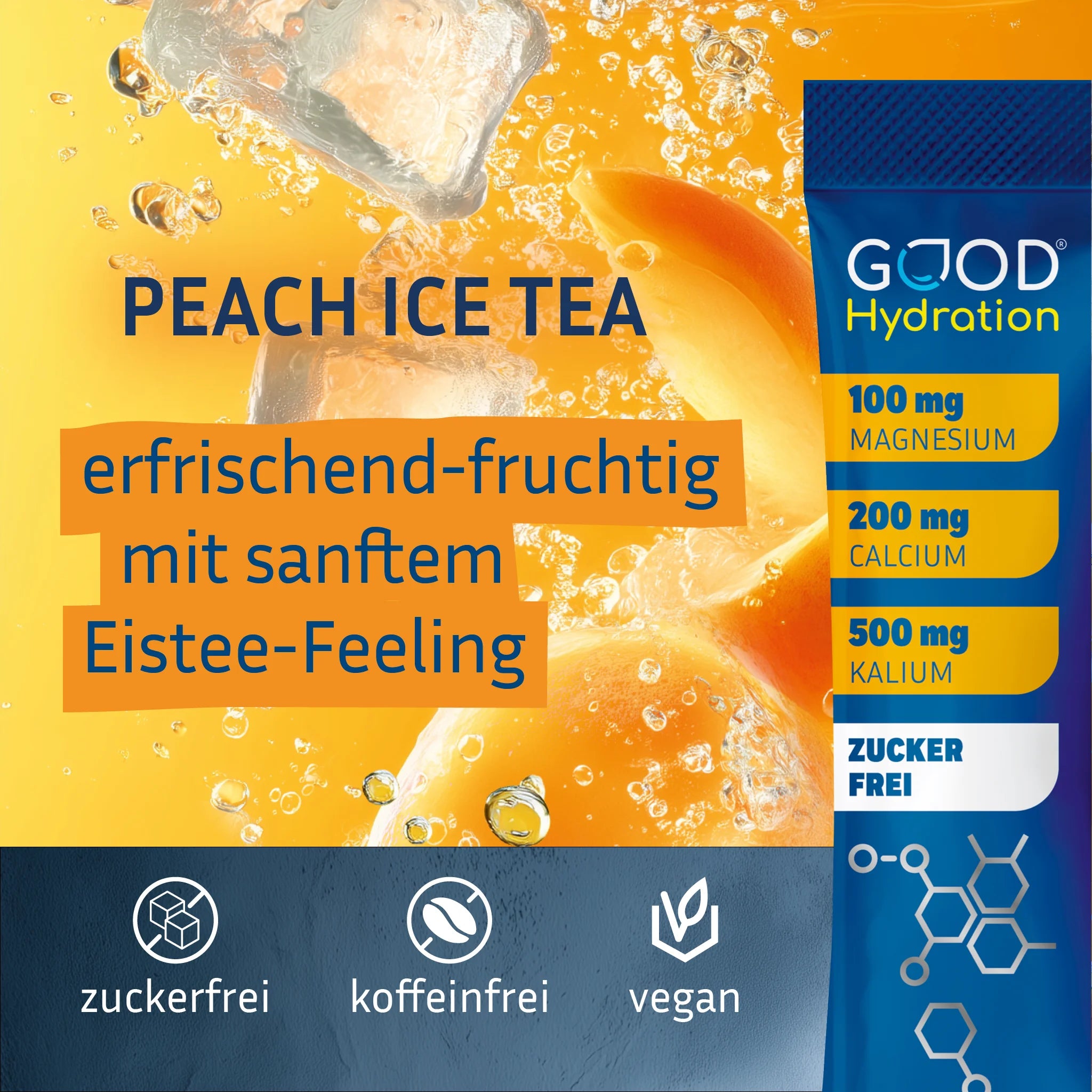 GOOD Hydration ist der Geschmackssieger unter den Hydration Sticks. Natürlicher Geschmack ohne künstliche Aromen. Peach Ice Tea schmeckt erfrischend-fruchtig mit sanftem Eistee-Feeling.