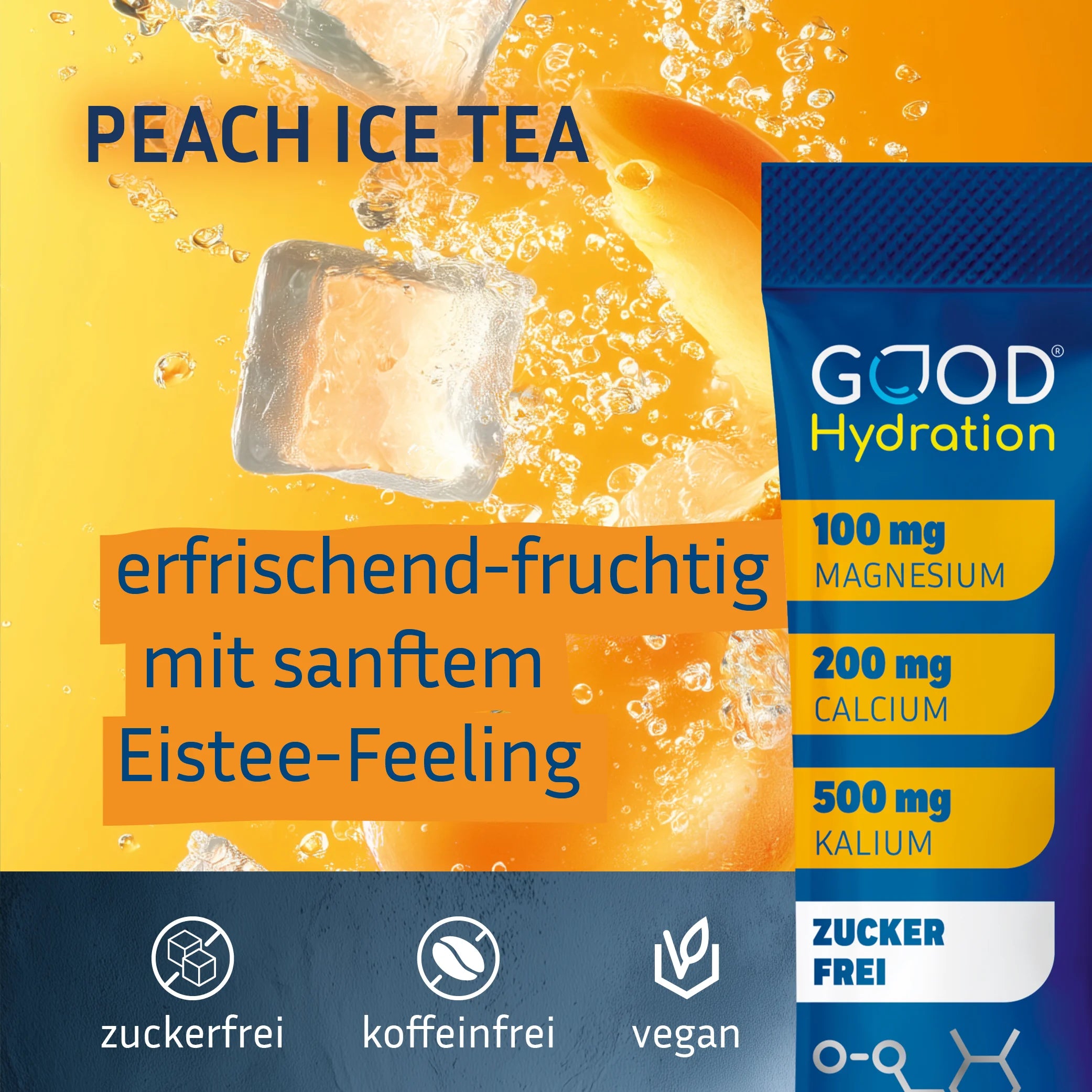 GOOD Hydration ist der Geschmackssieger unter den Hydration Sticks. Natürlicher Geschmack ohne künstliche Aromen. Peach Ice Tea schmeckt erfrischend-fruchtig mit sanftem Eistee-Feeling.