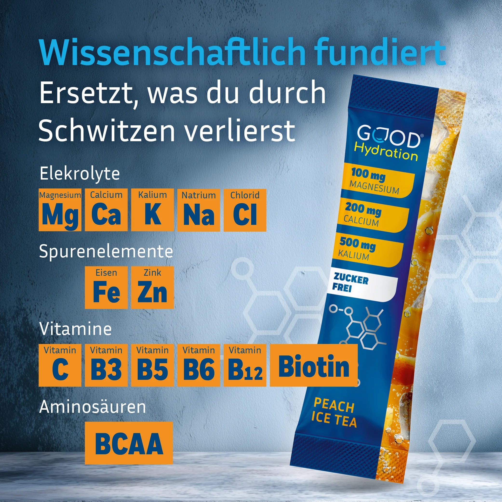 100% wissenschaftliche Formel mit den besten Elektrolyten, Spurenelementen, Vitaminen und Aminosäuren. Zuckerfrei und nur 4 kcal Kalorien. Enthält Magnesium, Calcium, Kalium, Natrium, Chlorid, Eisen, Zink, Vitamin C und Vitamin B-Komplex.