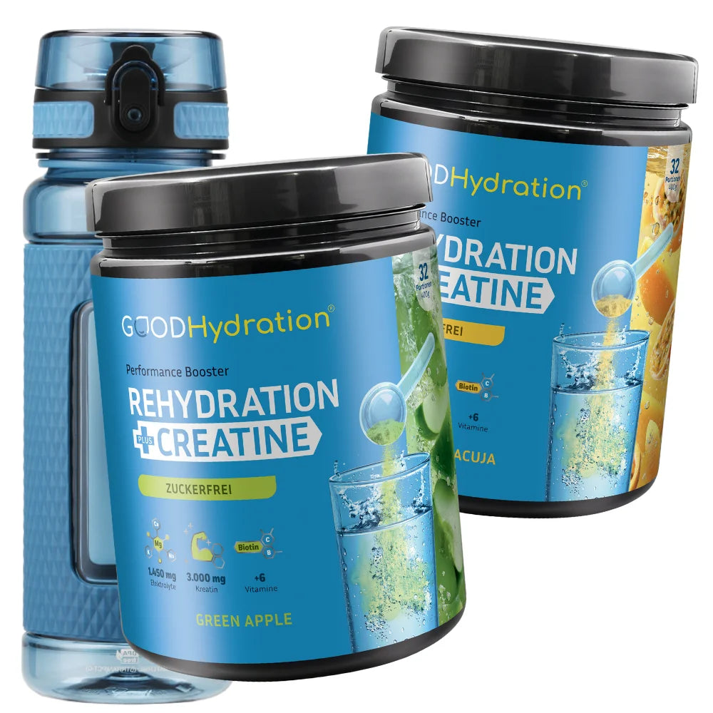 HIer klicken, um zu dem Rehydration plus KREATIN Bundle mit 2 BigPacks plus Flasche zu gelangen. Bei GOOD Hydration im Bundle immer sparen.