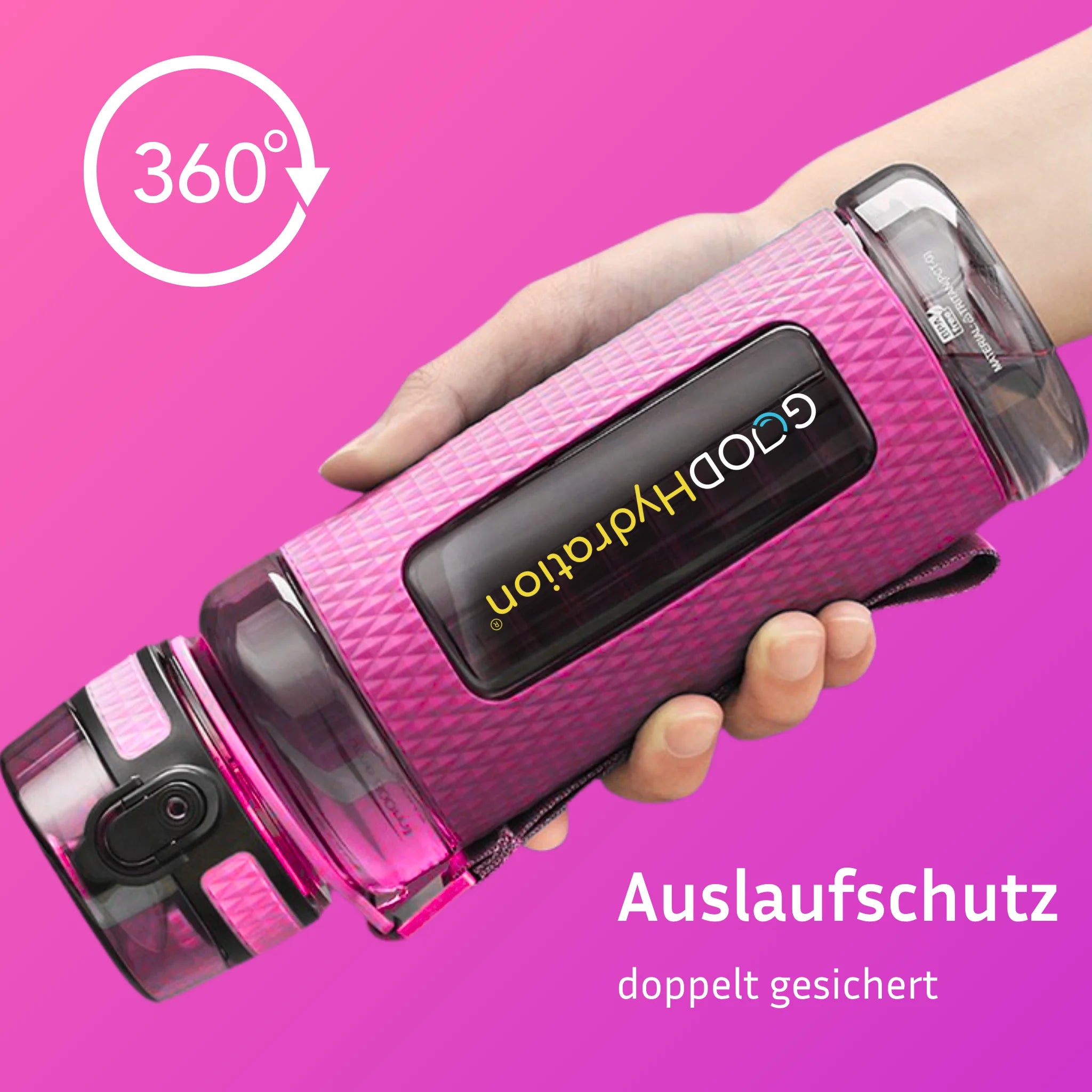 Diese pinke Trinkflasche hat einen 360° Auslaufschutz. Du kannst sie drehen und auf den Kopf stellen und sie hält dicht und läuft nicht aus. Mit sicherem Verschluss und zusätzlichem Sicherheitsbügel. Sicher transportieren in Tasche oder Rucksack.