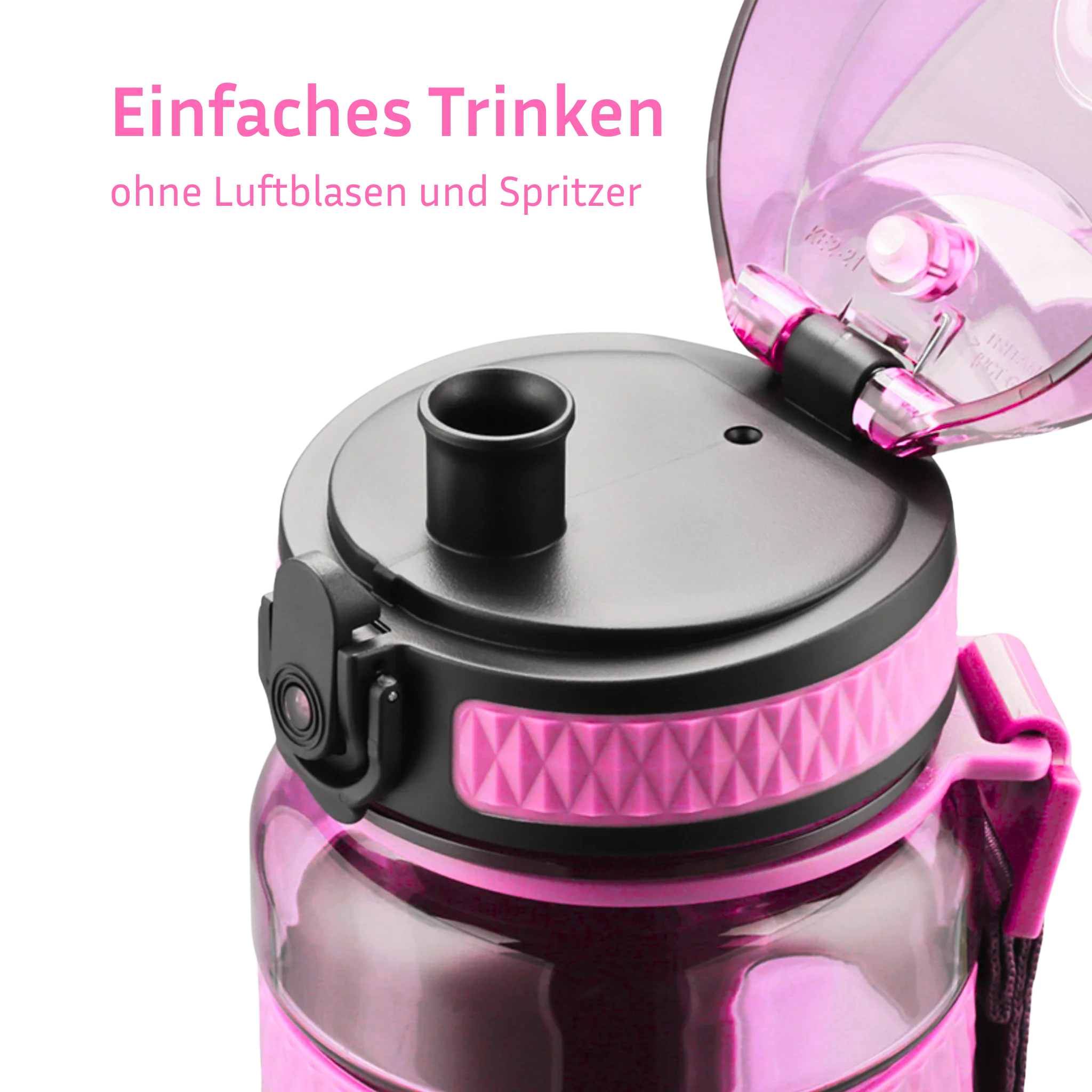 Diese pinke Trinkflasche hat ein Sport-Mundstück, mit dem du ohne Luftblasen und Spritzer trinken kannst. Druck durch Kohlensäure kann entweichen. Der Verschluss schützt sicher vor Auslaufen.
