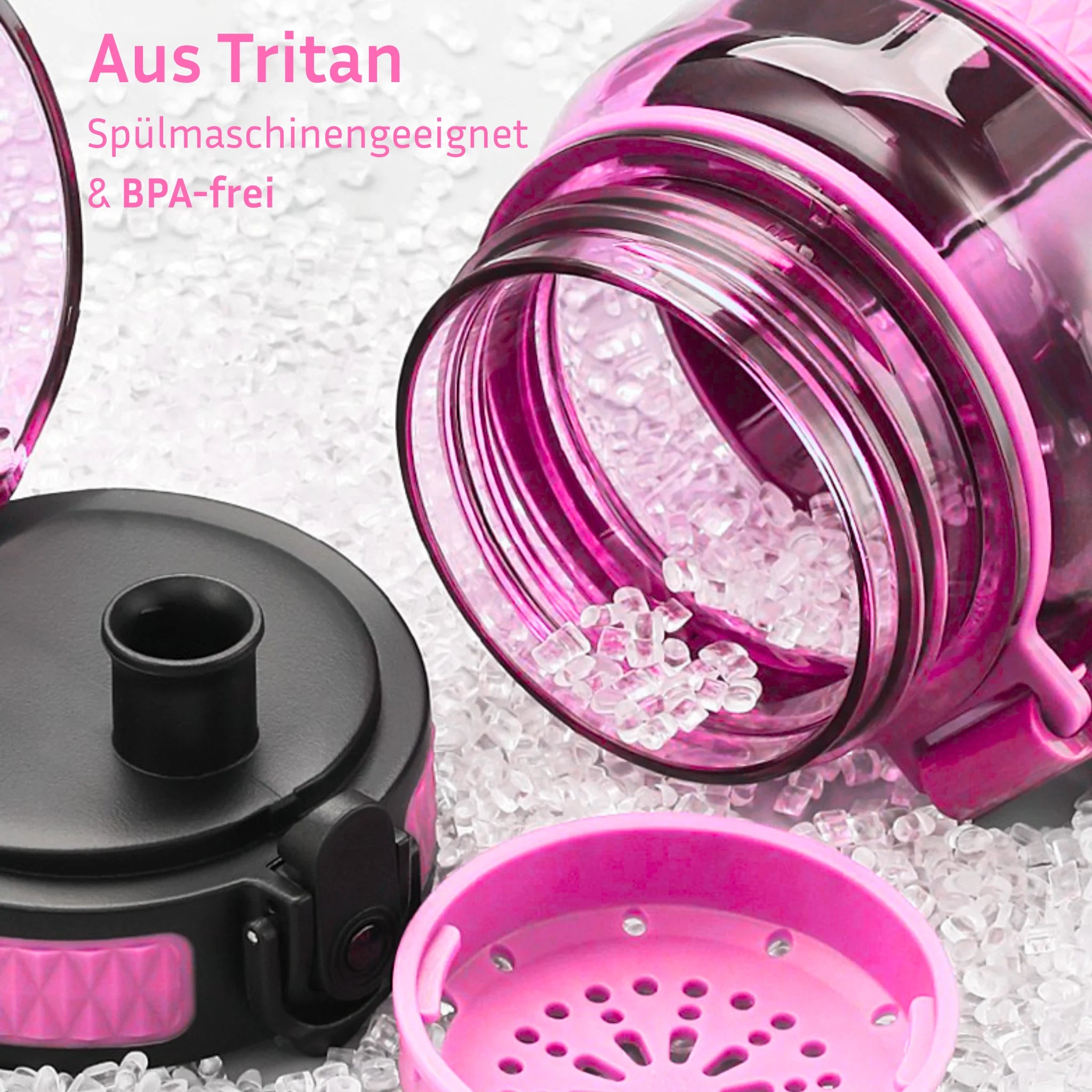 Diese pinke Trinkfasche ist aus Tritan, einem besonders langlebigen und robusten Kunststoff. Tritan ist BPA-frei ohne schädliche Weichmacher. Tritan ist hitzebeständig und spülmaschinengeeignet. Tritan nimmt nicht den Geschmack und den Geruch von Getränken an. Diese Trinkflasche ist hochwertig und besser als amazon-Flaschen.