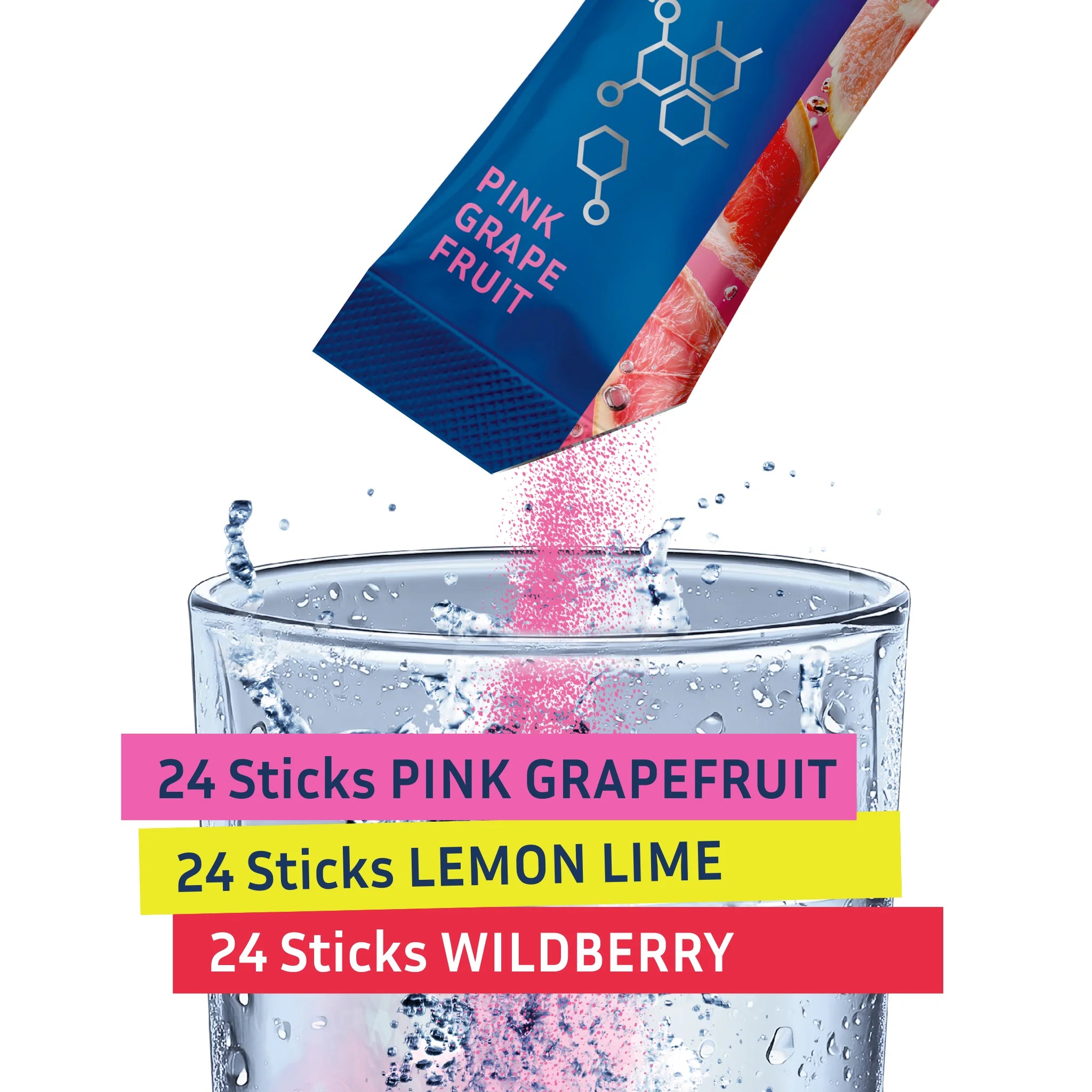 Inhalt sind 72 Hydration Sticks in den Geschmackssorten Grapefruit, Zitrone und Waldbeere.