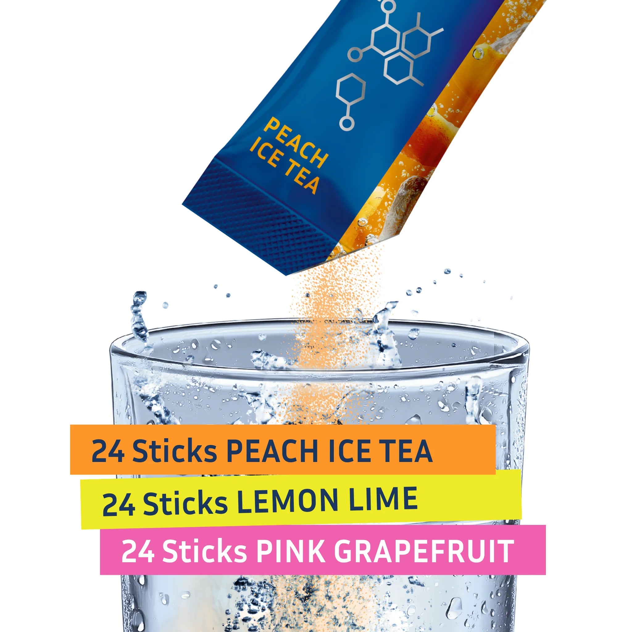 Inhalt sind 72 Hydration Sticks in den Geschmackssorten Pfirsich, Zitrone und Grapefruit.