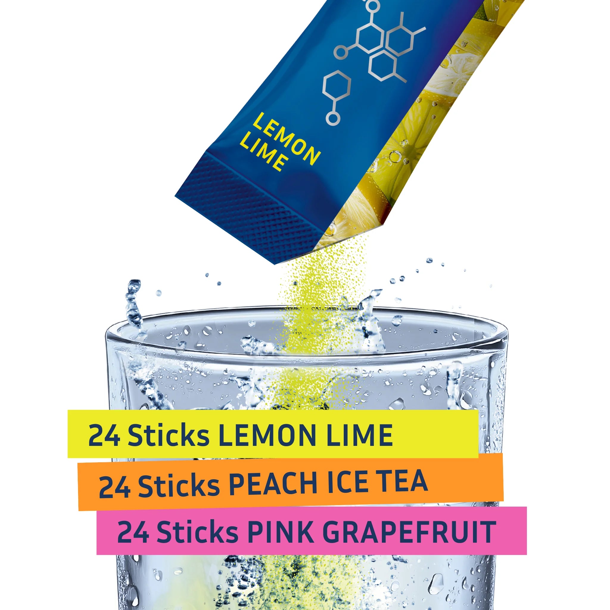 Inhalt sind 72 Hydration Sticks in den Geschmackssorten Zitrone, Pfirsich und Grapefruit.