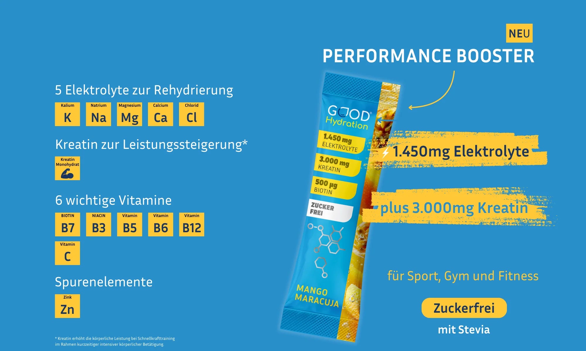 Der Performance Booster ist eine Weiterentwicklung des Rehydation Booster. Neben der bewährten Formel mit Elektrolyten, Vitaminen und Zink enthält er 3 Gramm Kreatin zur Leistungssteigerung und zum Muskelaufbau. Ideal für Kraftsport, Gym und Fitness.