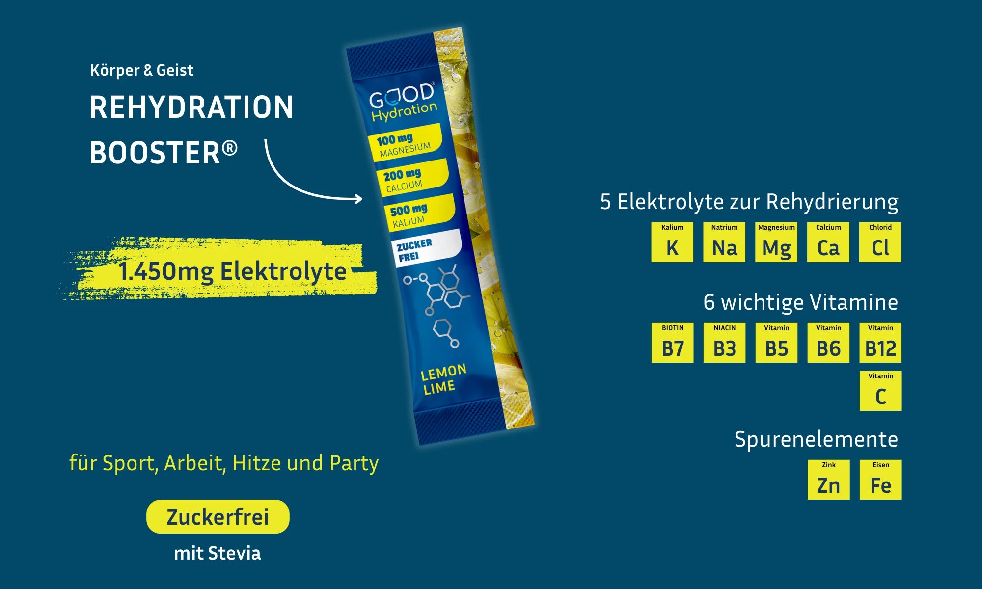 Der Rehydration Booster ist ideal für Sport, Arbeit, Hitze und Party, um Flüssigkeitsmangel schnell auszugleichen. Jeder Hydration Stick liefert fortschrittlichen Wasserausgleich nach dem Schwitzen mit 5 Elektrolyten, 6 Vitaminen, BCAA, Zink und Eisen. Zuckerfrei und nur mit Stevia gesüßt.