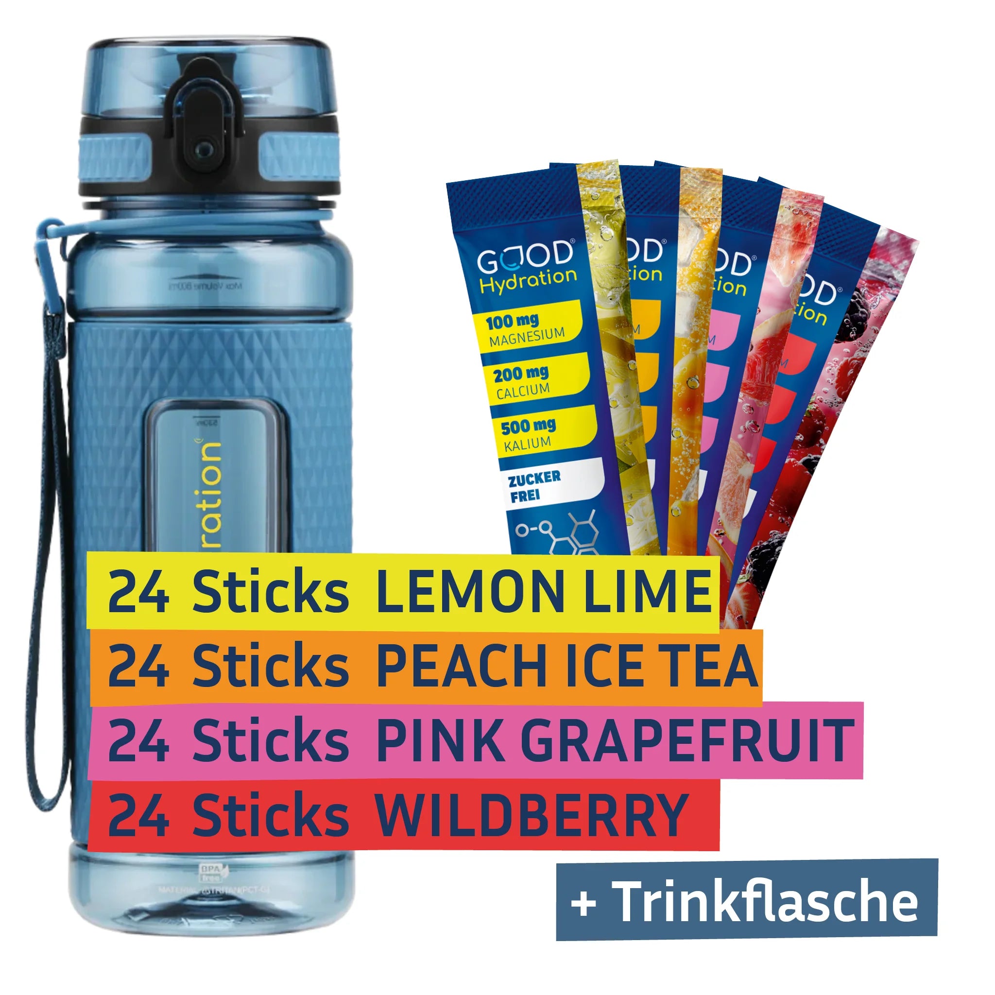 Im Bestseller Bundle erhälst du 96 Hydration Sticks: 24x Lemon Lime, 24x Peach Ice Tea, 24x Pink Grapefruit, 24x Wildberry. Dazu eine Trinkflasche aus Tritan in blau oder pink. Exklusiv nur hier.