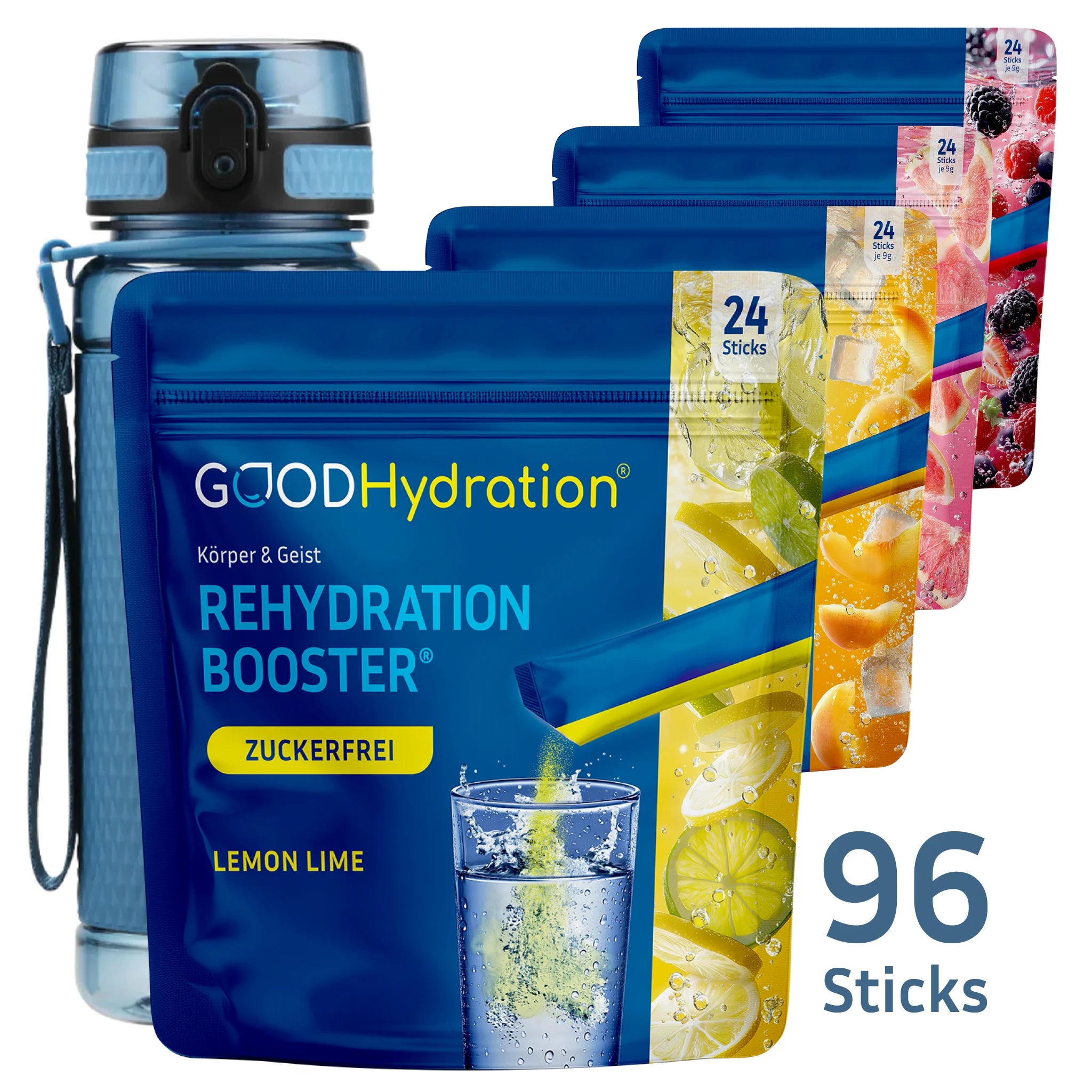 Ultimate Bundle mit vier Bestsellern, insgesamt 96 Hydration Sticks und einer Trinkflasche