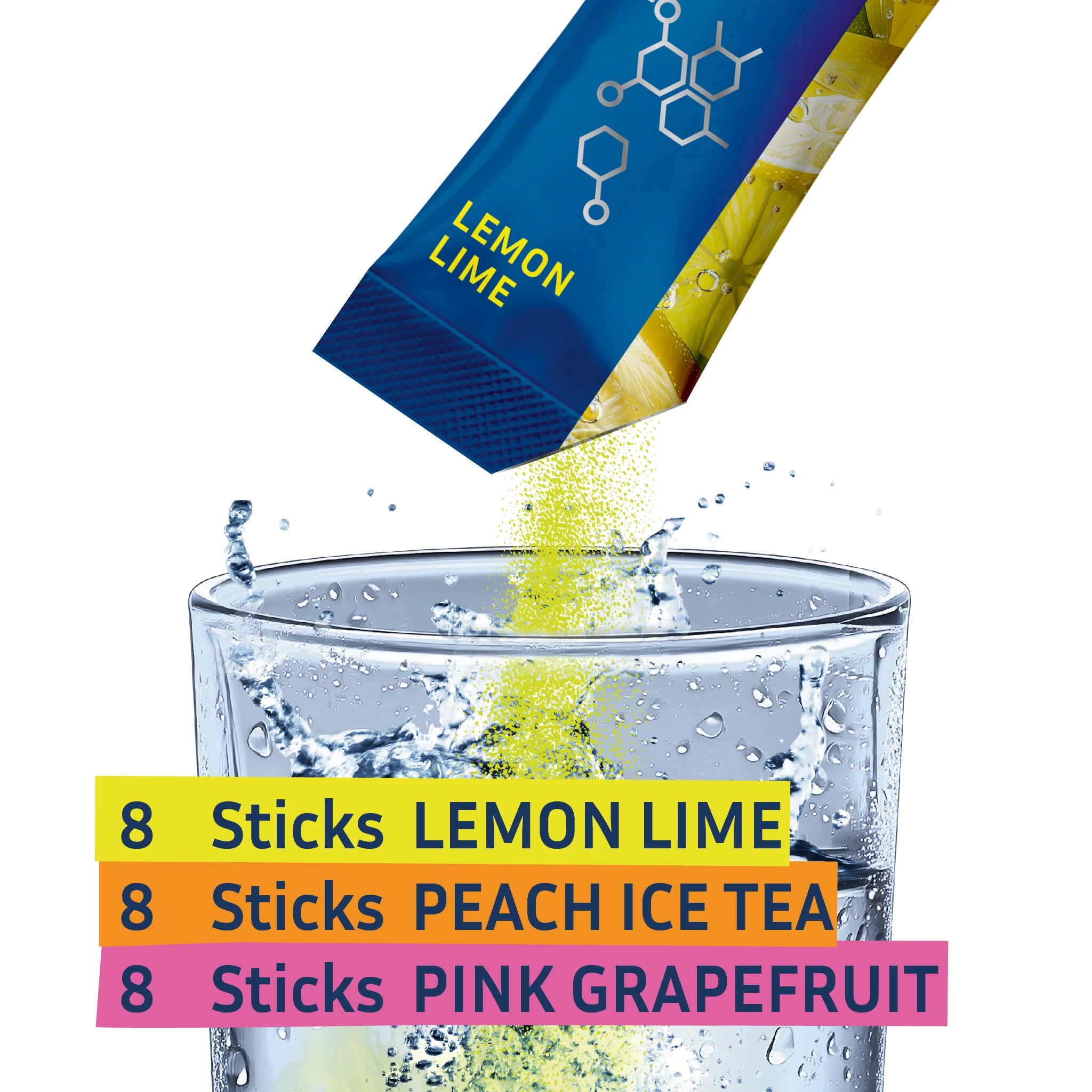 In diesem Variety Pack erhälst du 24 Hydration Sticks in drei Geschmacksvarianten. Elektrolytpulver in Wasser 500ml Wasser auflösen und trinken.