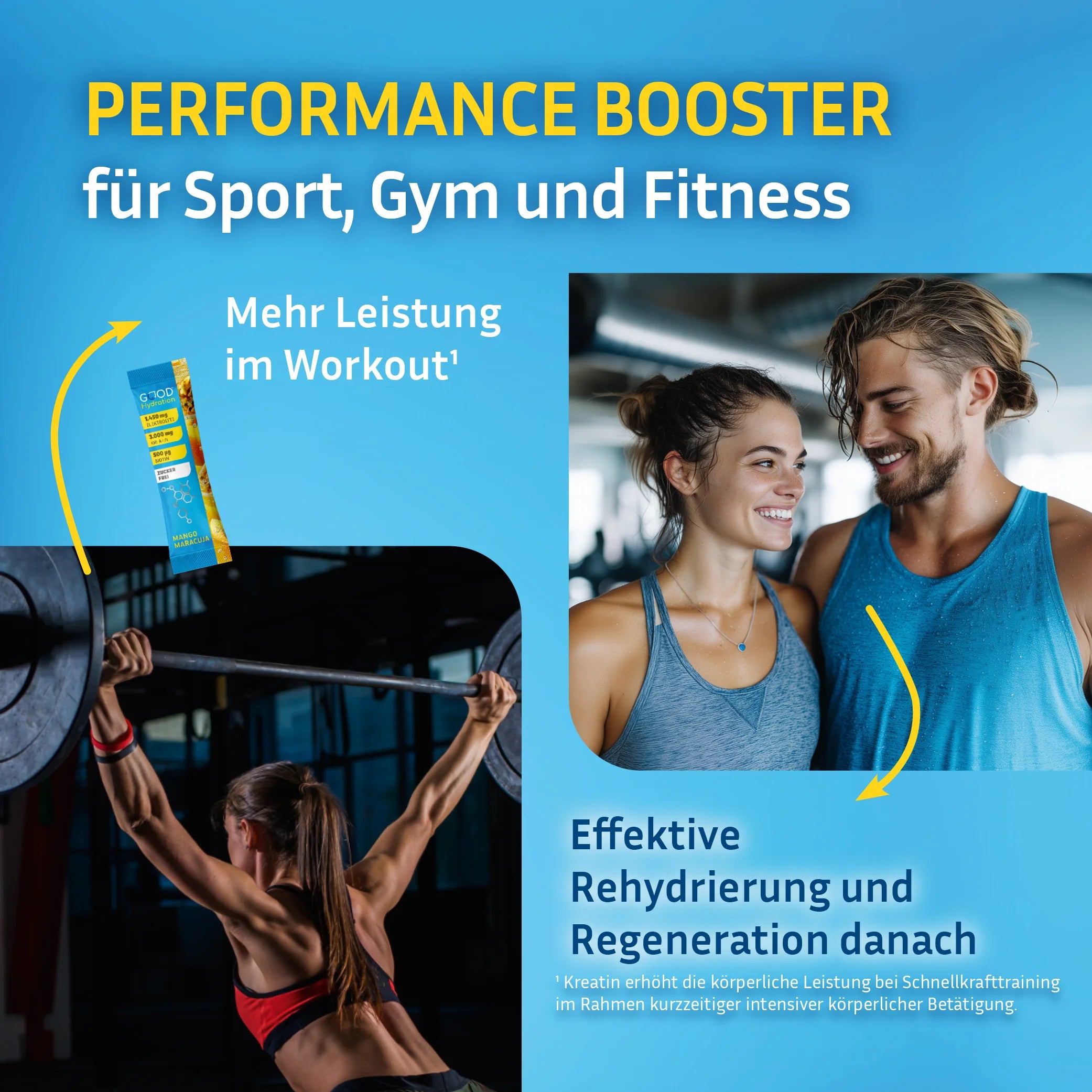 Performance Booster Rehydration plus Kreatin von GOOD Hydration zur Leistungssteigerung im Workout und schnellen Regeneration danach.