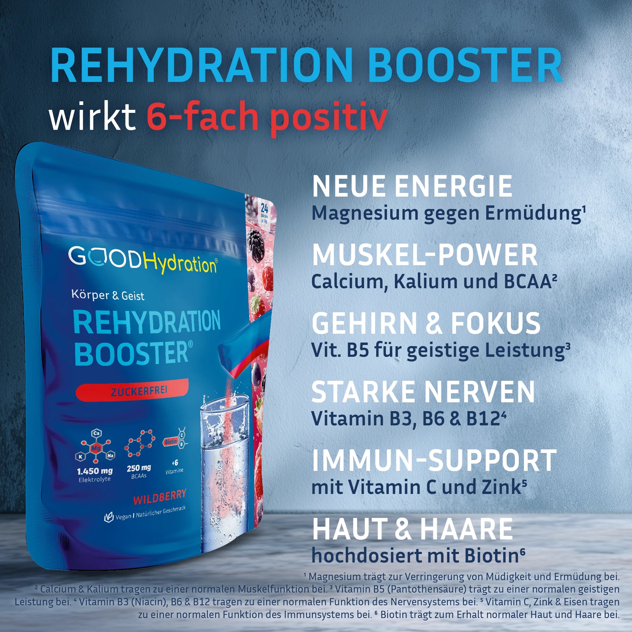 Der Rehydration Booster enthält Magnesium gegen Ermüdung. Calcium, Kalium und BCAA für Muskeln. Vitamin B5 für die geistige Leistung. Vitamin B3, B6 und B12 für das Nervensystem. Vitamin C und Zink für das Immunsystem. Und Biotin für Haut, Haare und Nägel.