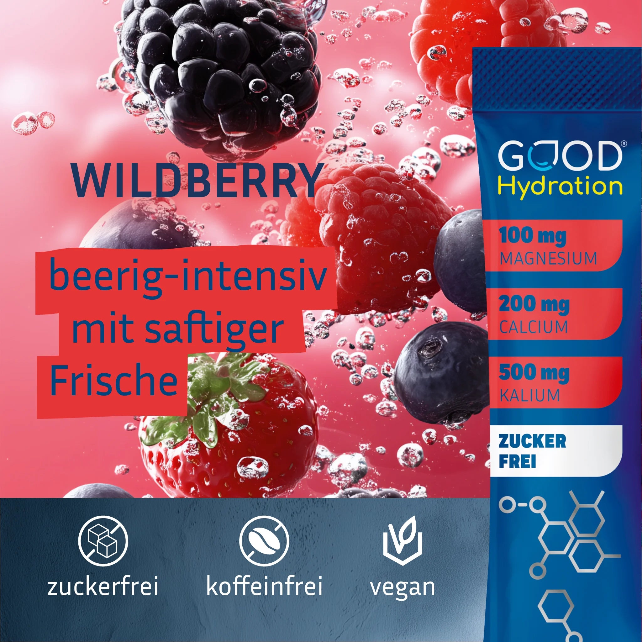 GOOD Hydration ist der Geschmackssieger unter den Hydration Sticks. Natürlicher Geschmack ohne künstliche Aromen. Wildberry schmeckt beerig-intensiv mit saftiger Frische.