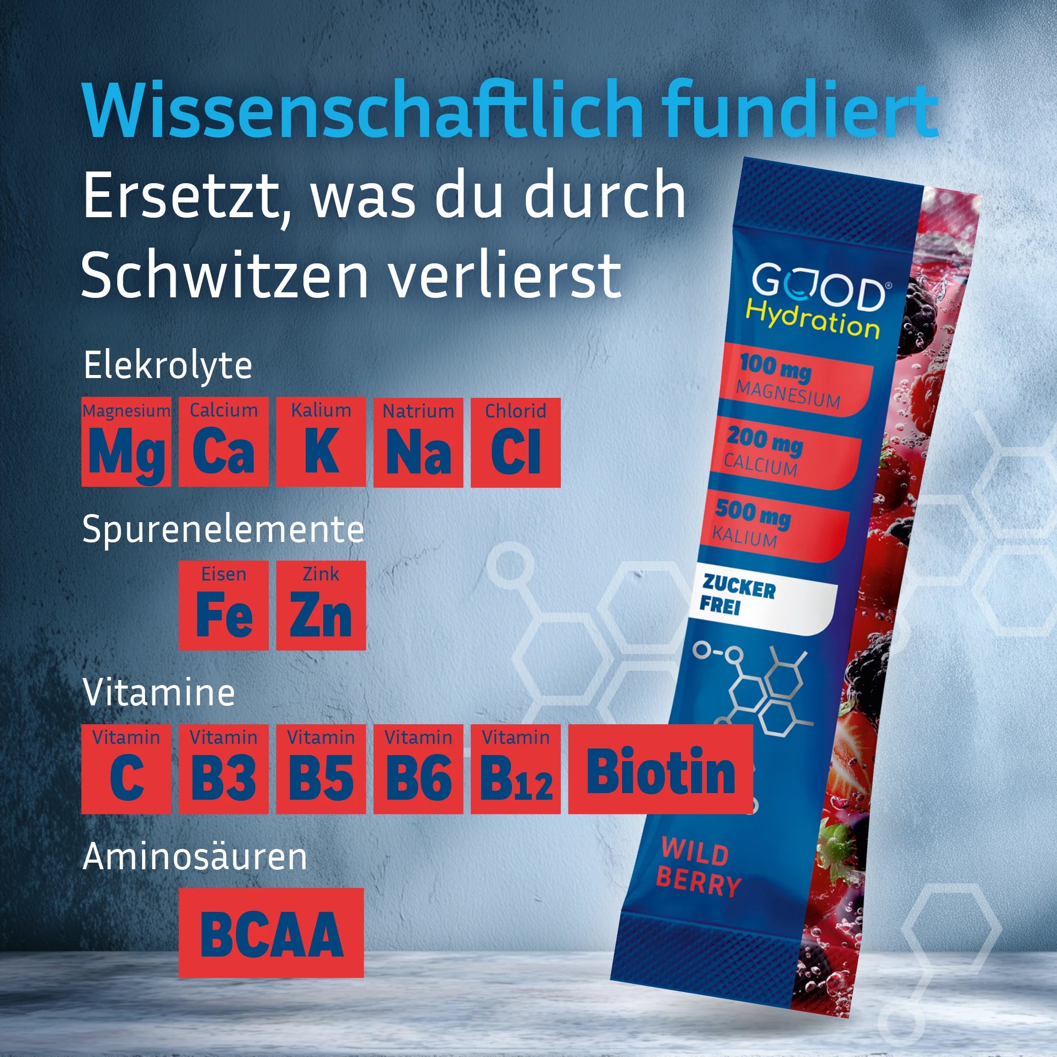 100% wissenschaftliche Formel mit den besten Elektrolyten, Spurenelementen, Vitaminen und Aminosäuren. Zuckerfrei und nur 4 kcal Kalorien. Enthält Magnesium, Calcium, Kalium, Natrium, Chlorid, Eisen, Zink, Vitamin C und Vitamin B-Komplex.