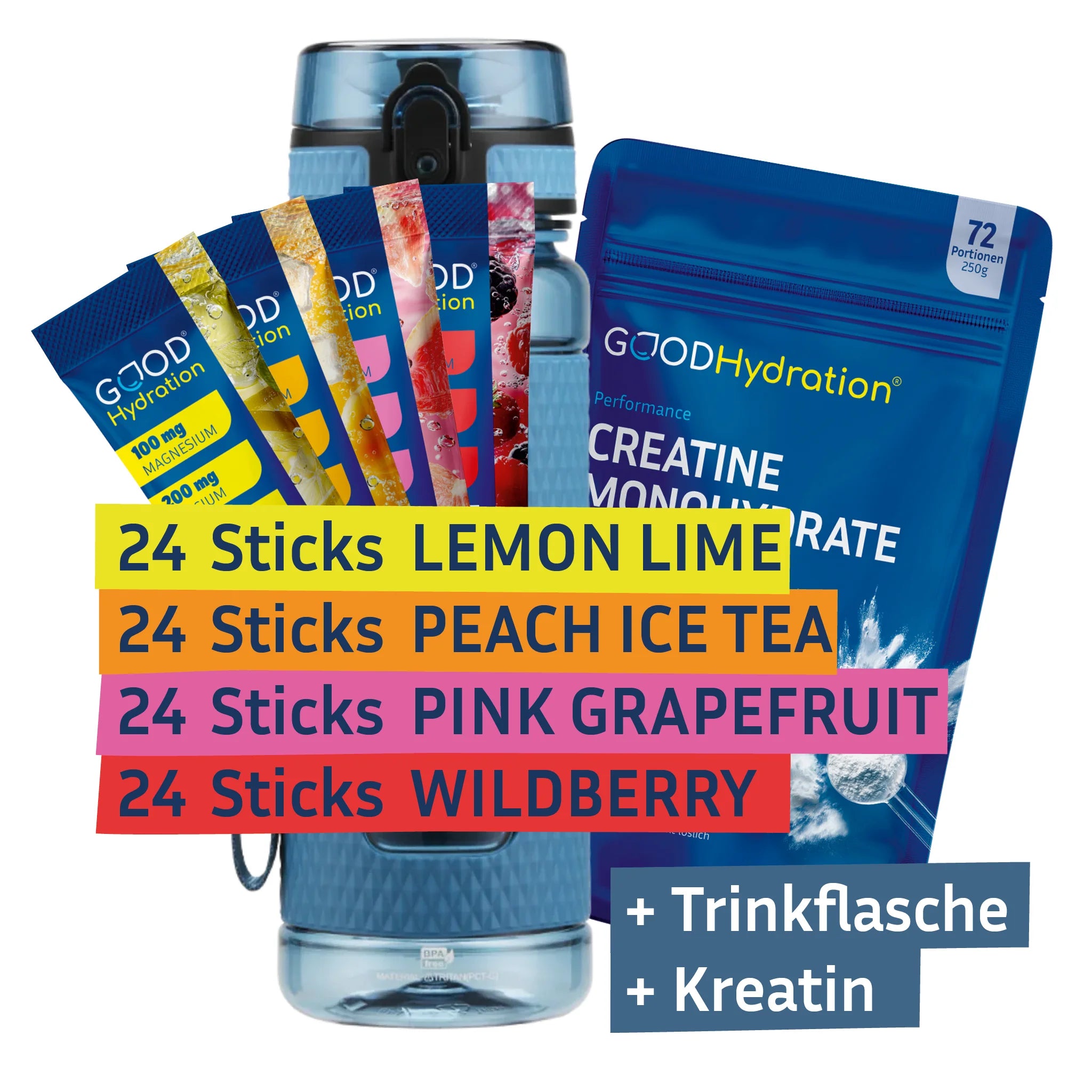 Im Athlete Bundle erhälst du 96 Hydration Sticks: 24x Lemon Lime, 24x Peach Ice Tea, 24x Pink Grapefruit, 24x Wildberry. Dazu 250mg Creatine Monohydrate und eine Trinkflasche in der Farbe deiner Wahl. Exklusiv nur hier.