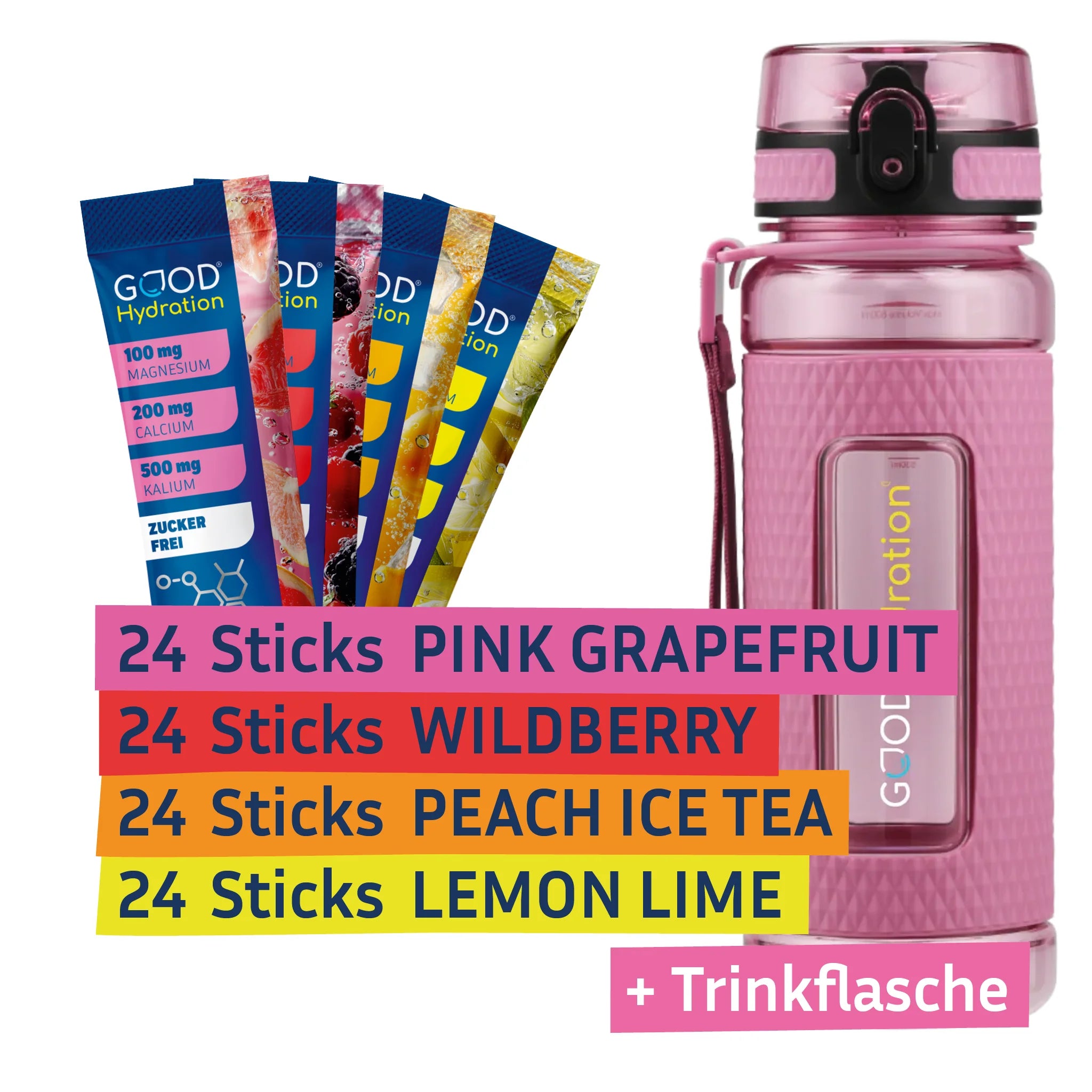Im Bestseller Bundle erhälst du 96 Hydration Sticks: 24x Lemon Lime, 24x Peach Ice Tea, 24x Pink Grapefruit, 24x Wildberry. Dazu eine Trinkflasche aus Tritan in blau oder pink. Exklusiv nur hier.