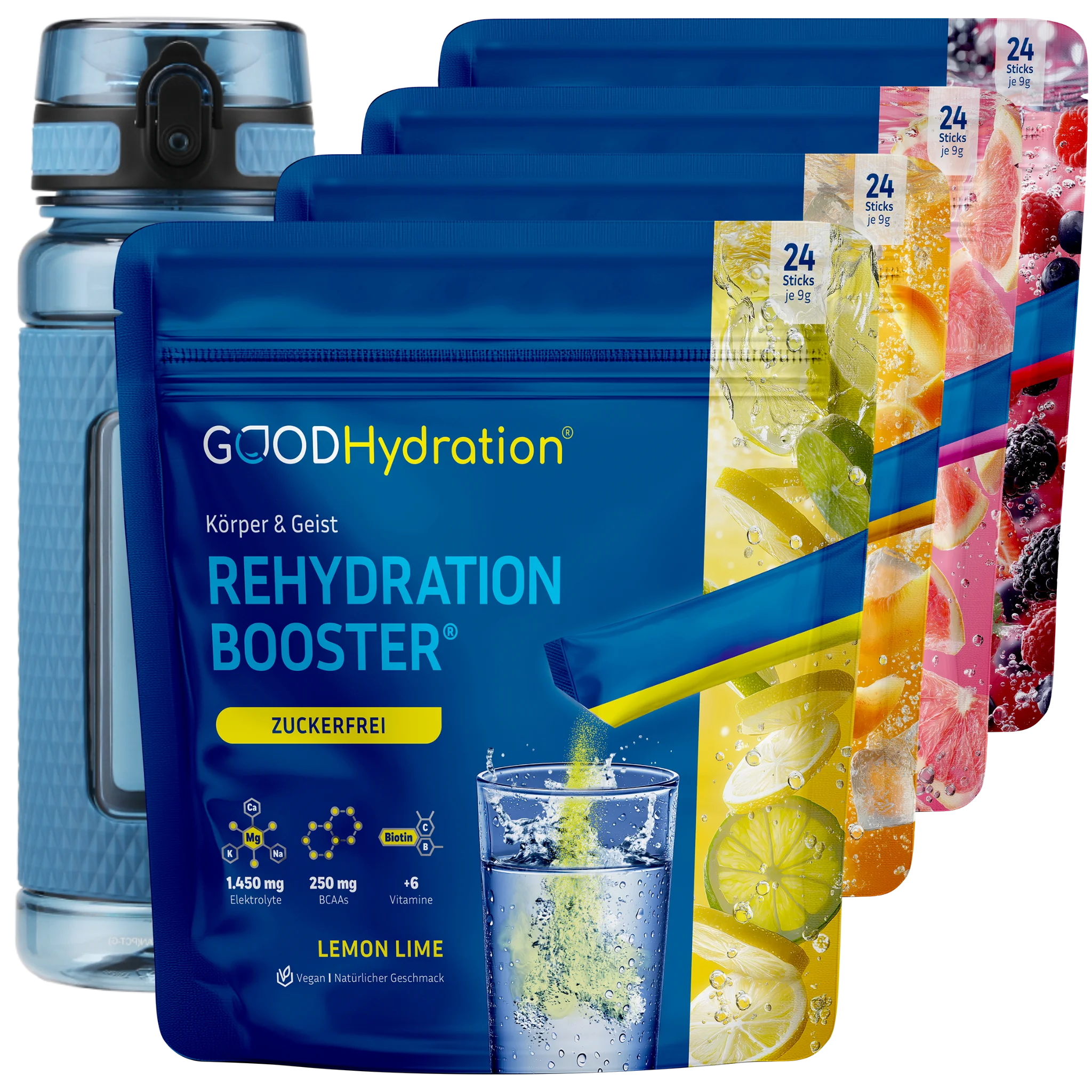 Hier klicken zur Auswahl Ultimate Bundle mit 96 Hydration Sticks in vier Geschmacksvarianten plus Trinkflasche in Wunschfarbe. Besser rehydriert mit mehr Elektrolyten und Vitaminen als Hydraid.