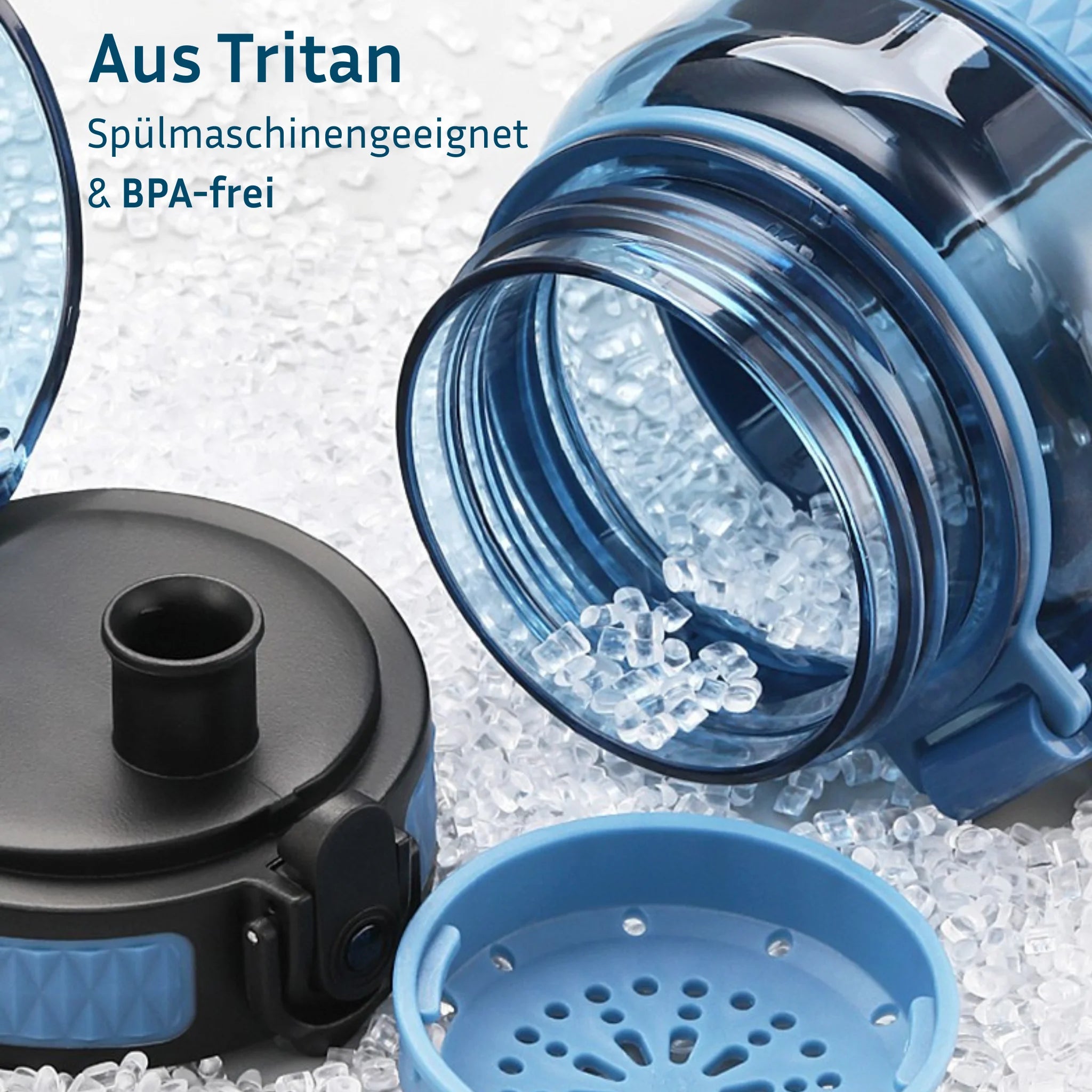 Diese blaue Trinkfasche ist aus Tritan, einem besonders langlebigen und robusten Kunststoff. Tritan ist BPA-frei ohne schädliche Weichmacher. Tritan ist hitzebeständig und spülmaschinengeeignet. Tritan nimmt nicht den Geschmack und den Geruch von Getränken an. Diese Trinkflasche ist hochwertig und besser als amazon-Flaschen.