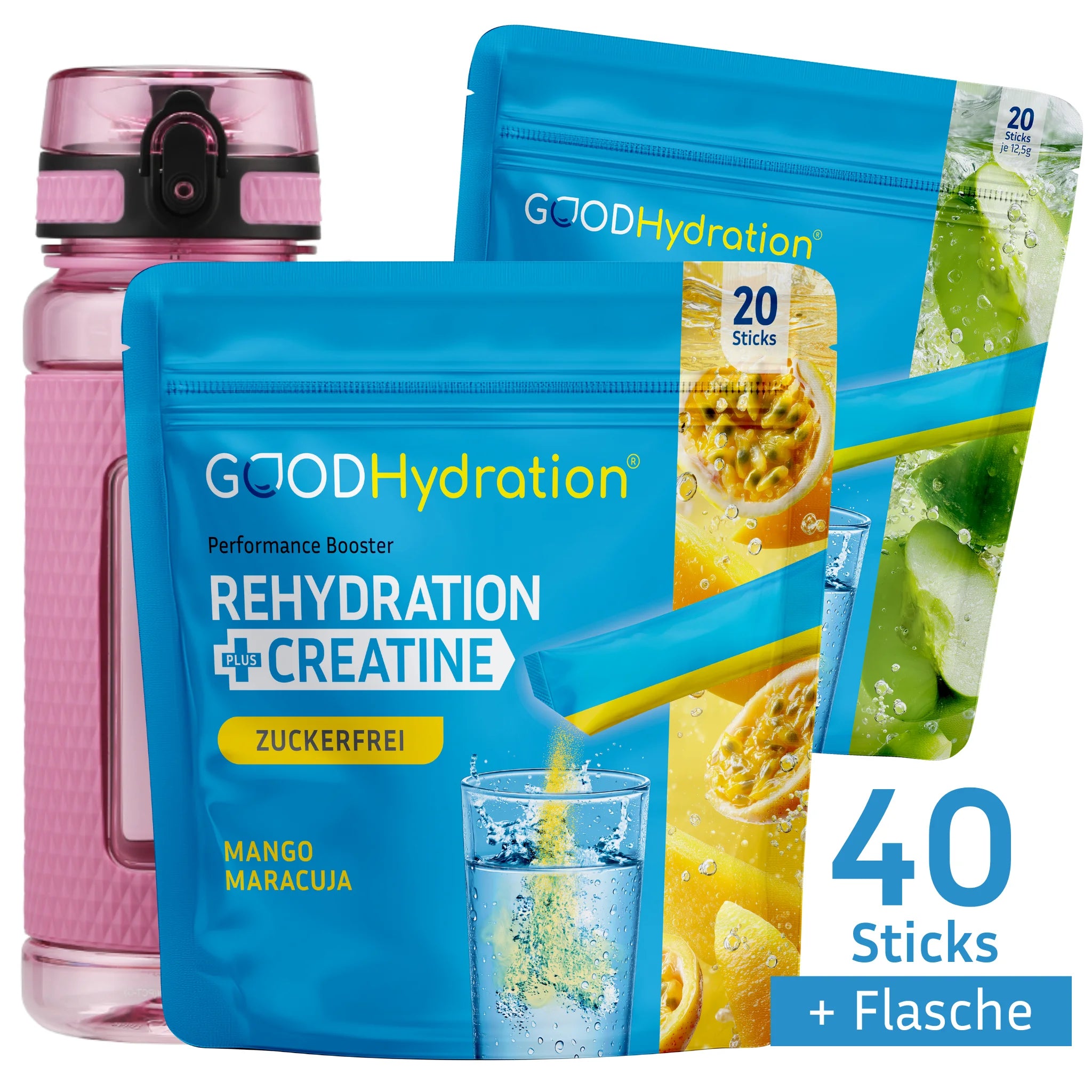 Starterset Rehydration plus Kreatin mit zwei Packs Hydration Sticks und einer gratis Trinkflasche in deiner Wunschfarbe.