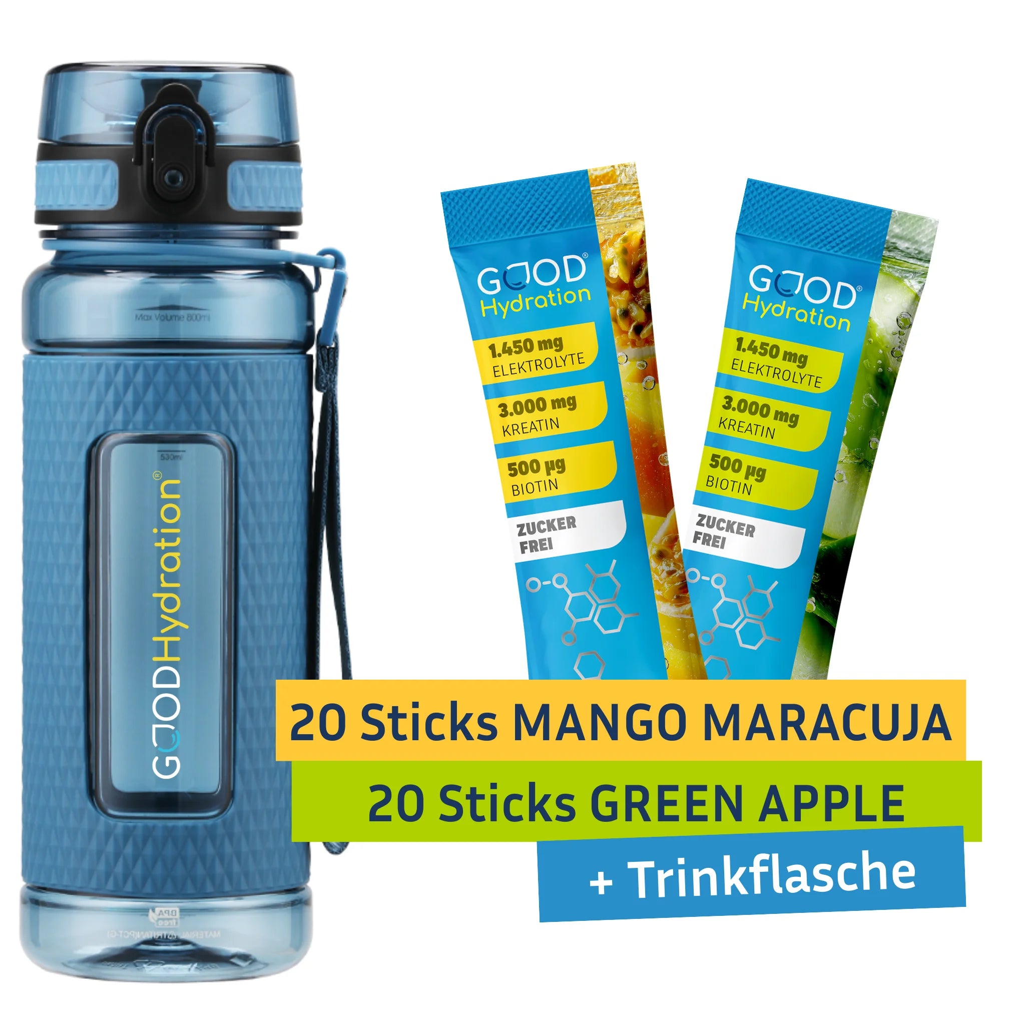 Das Starterset enthält 40 Sticks in zwei Geschmacksvarianten und eine Trinkflasche.